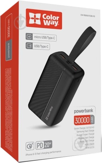 Повербанк ColorWay 30000 mAh black (CW-PB300LPC2BK-PD) High-power 2 (USB QC3.0 + USB-C Power Delivery 22.5W) - фото 9