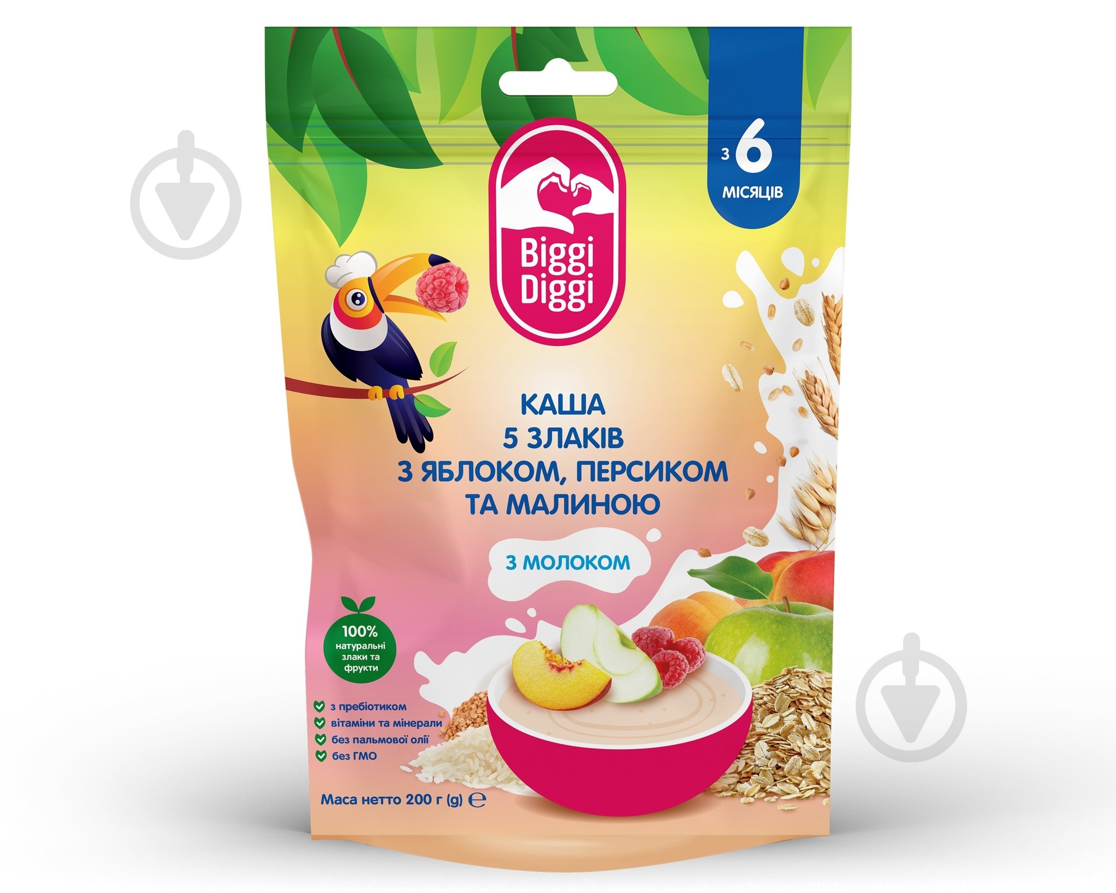 Каша молочная BiggiDiggi от 6 месяцев 5 злаков с персиком и малиной 200 г - фото 1