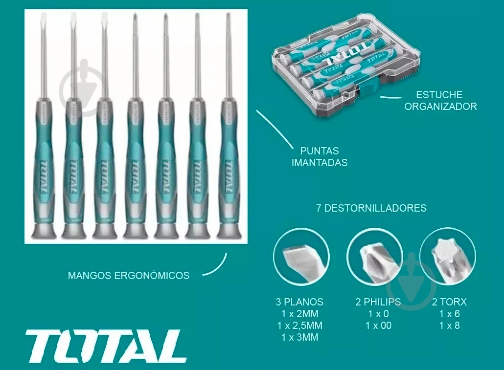 Набор отверток Total для точных работ 7 шт. SL 2.0 / 2.5 / 3.0 PH 00 / 0 T 6 / 8×50 мм THT250726 - фото 5 Набор отверток Total для точных работ 7 шт. SL 2.0 / 2.5 / 3.0 PH 00 / 0 T 6 / 8×50 мм THT250726 - фото 5