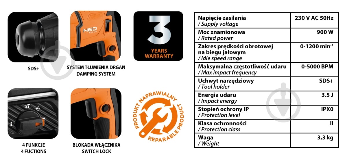 Перфоратор NEO tools SDS+ 900 Вт 3,5 Дж 04-723 - фото 14