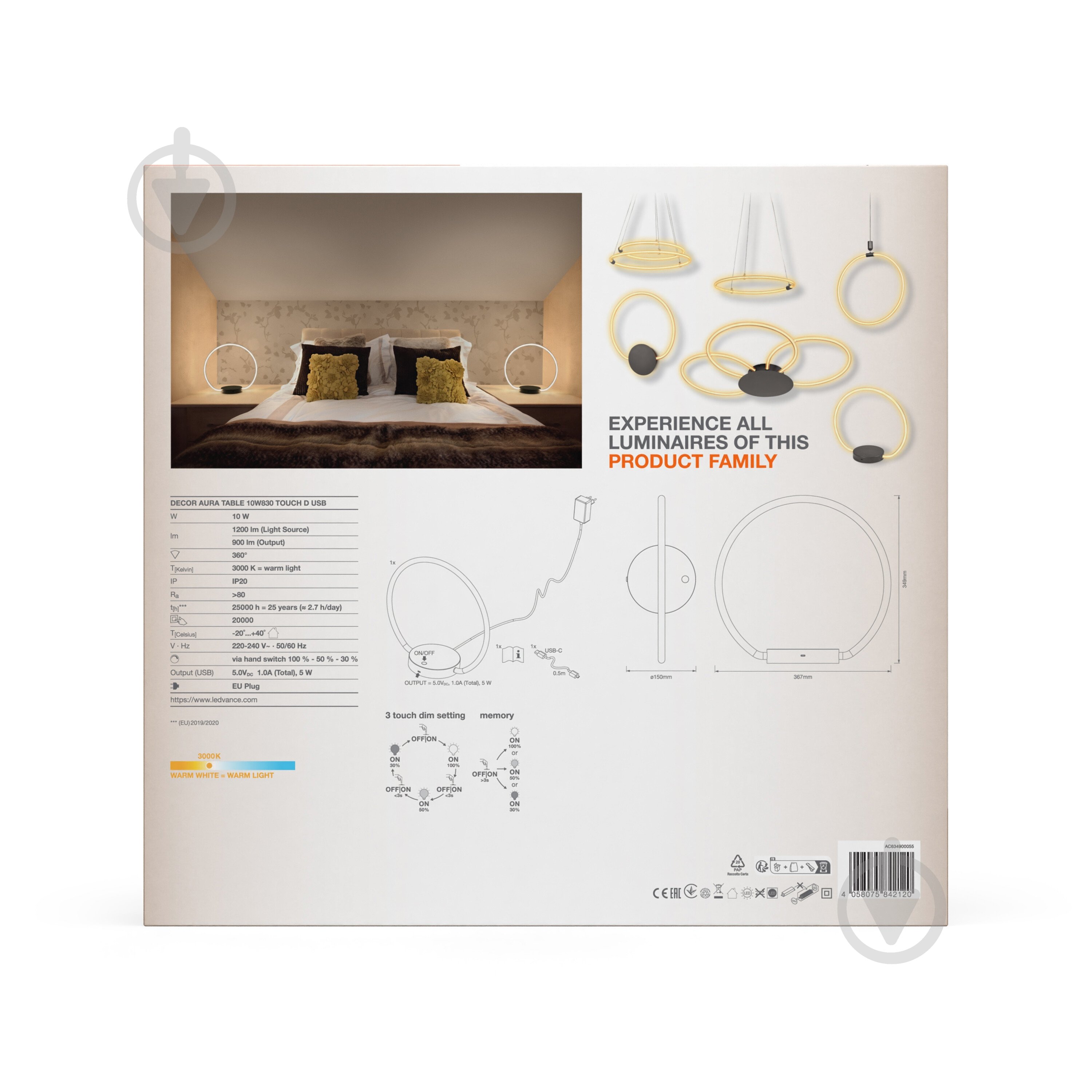 Настольная лампа декоративная Ledvance Decor Aura Table Touch DIM USB 3000K 10 Вт графит - фото 9