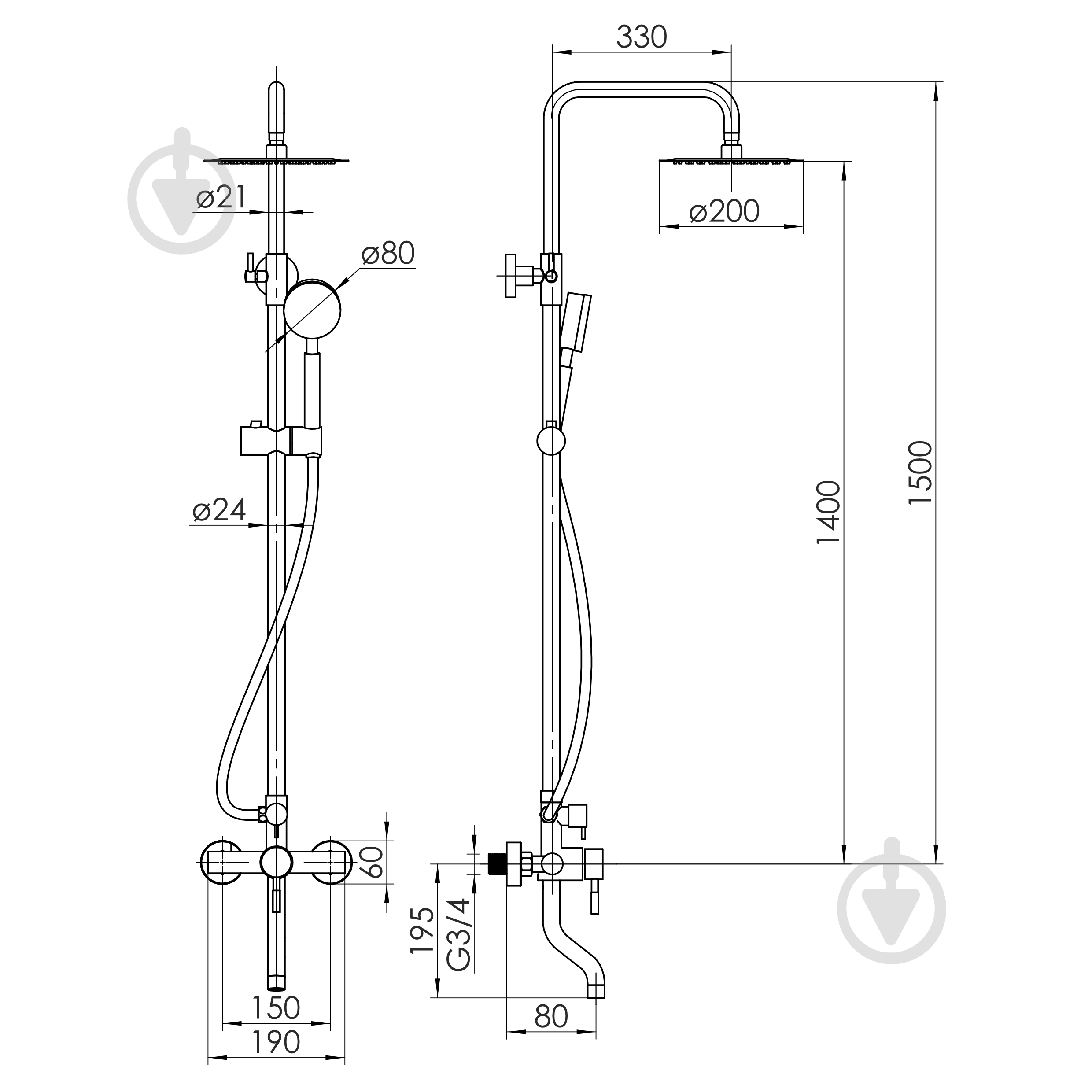 Душевая система RJ LUX SS (смеситель для ванны, душ d200 мм, лейка 80 мм 1 режим, шланг 1500 мм SS), сталь - фото 2 Душевая система RJ LUX SS (смеситель для ванны, душ d200 мм, лейка 80 мм 1 режим, шланг 1500 мм SS), сталь - фото 2