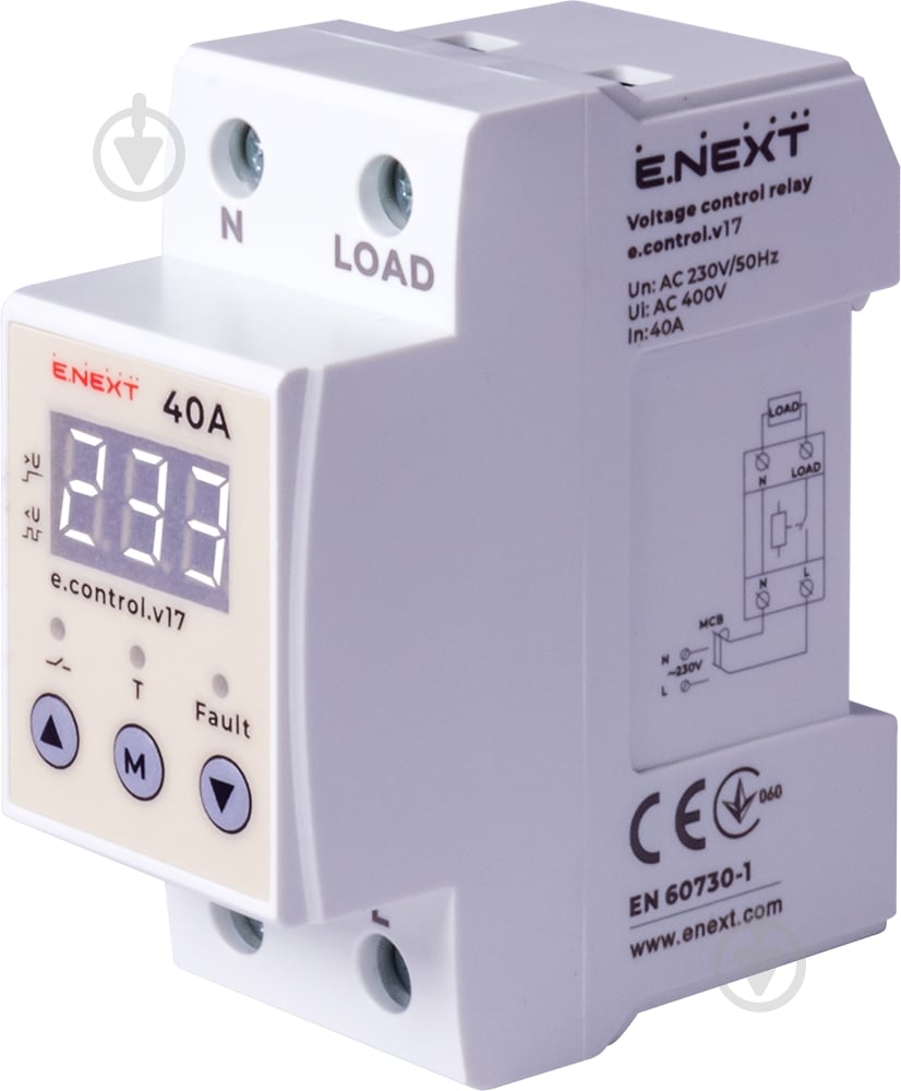 Реле напруги E.NEXT однофазне 40А з індикацією e.control.v17 p0690027 - фото 1
