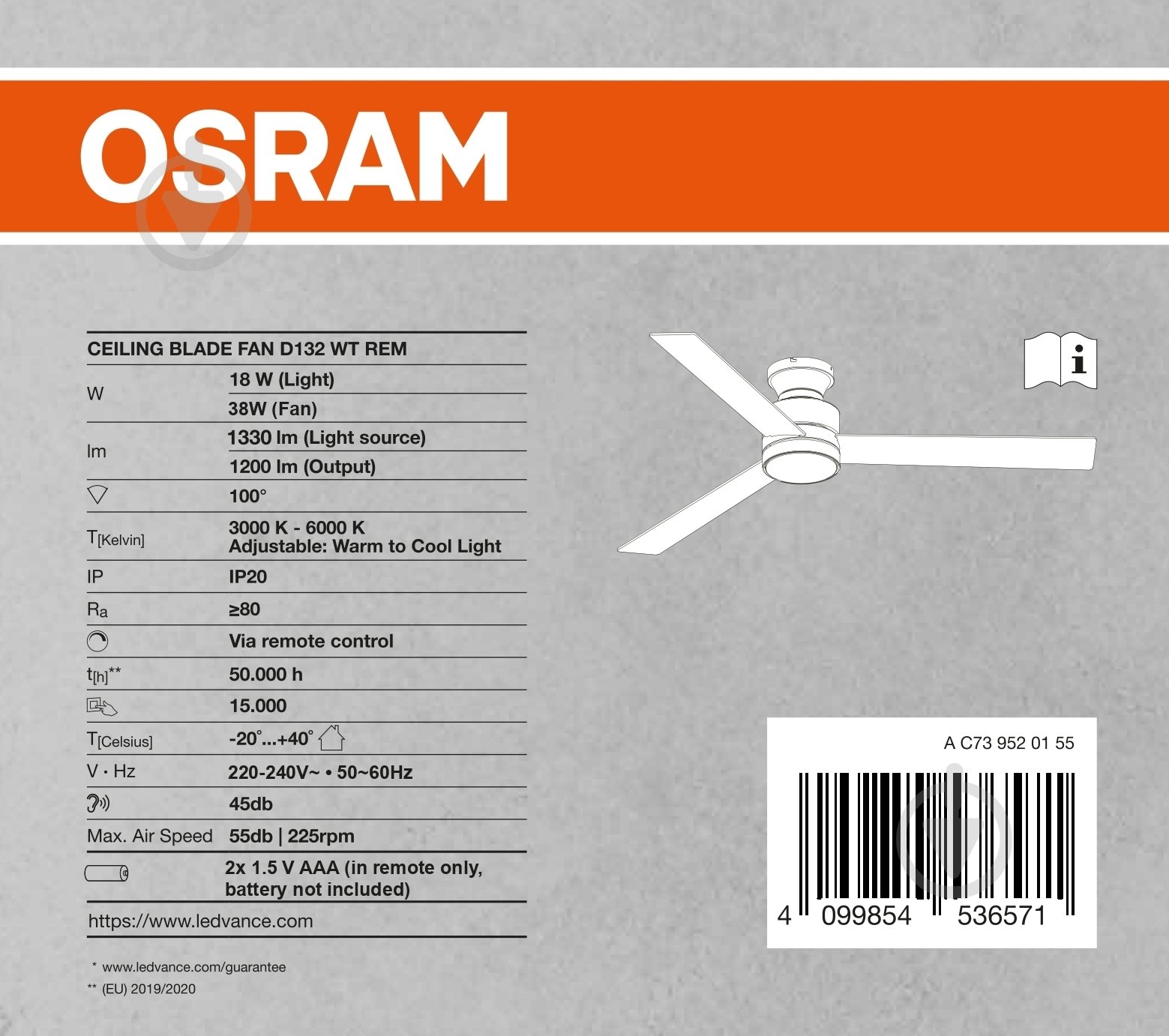 Люстра-вентилятор Osram CEILING BLADE 1x18 Вт LED-модуль black FAN Blade BK - фото 4 Люстра-вентилятор Osram CEILING BLADE 1x18 Вт LED-модуль black FAN Blade BK - фото 4