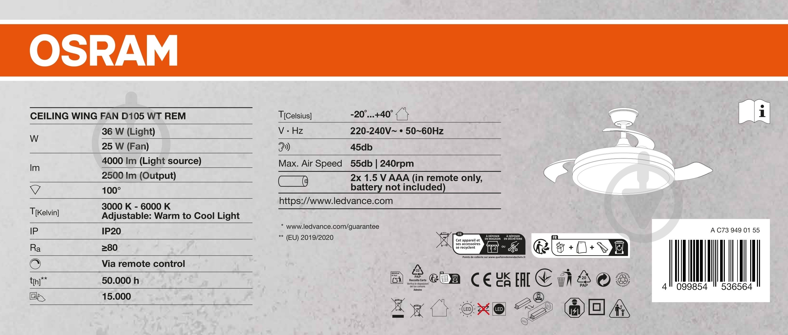 Люстра-вентилятор Osram CEILING WING 36 Вт white FAN WING WT - фото 4