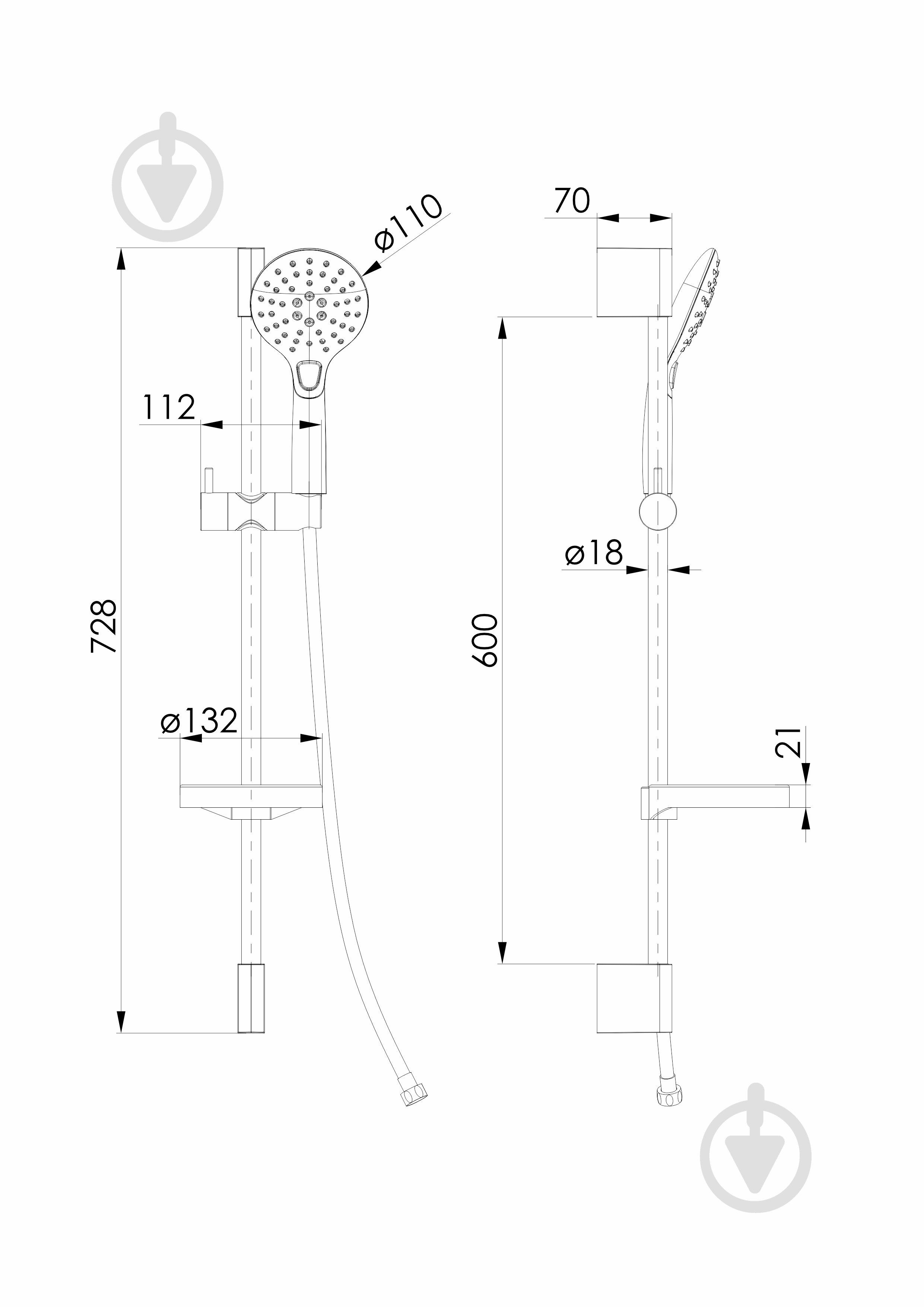 Душовий гарнітур VOLLE CASCADA B45, лійка O110мм, 3 режими, штанга 72 см, шланг PVC 150см, мильниця, de la nochi - фото 2 Душовий гарнітур VOLLE CASCADA B45, лійка O110мм, 3 режими, штанга 72 см, шланг PVC 150см, мильниця, de la nochi - фото 2