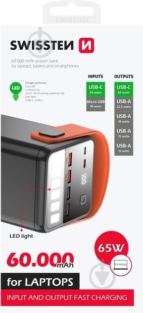 Повербанк SWISSTEN Power Line Bank For Laptop 65W 60000 mAh black (8595217481299) - фото 5