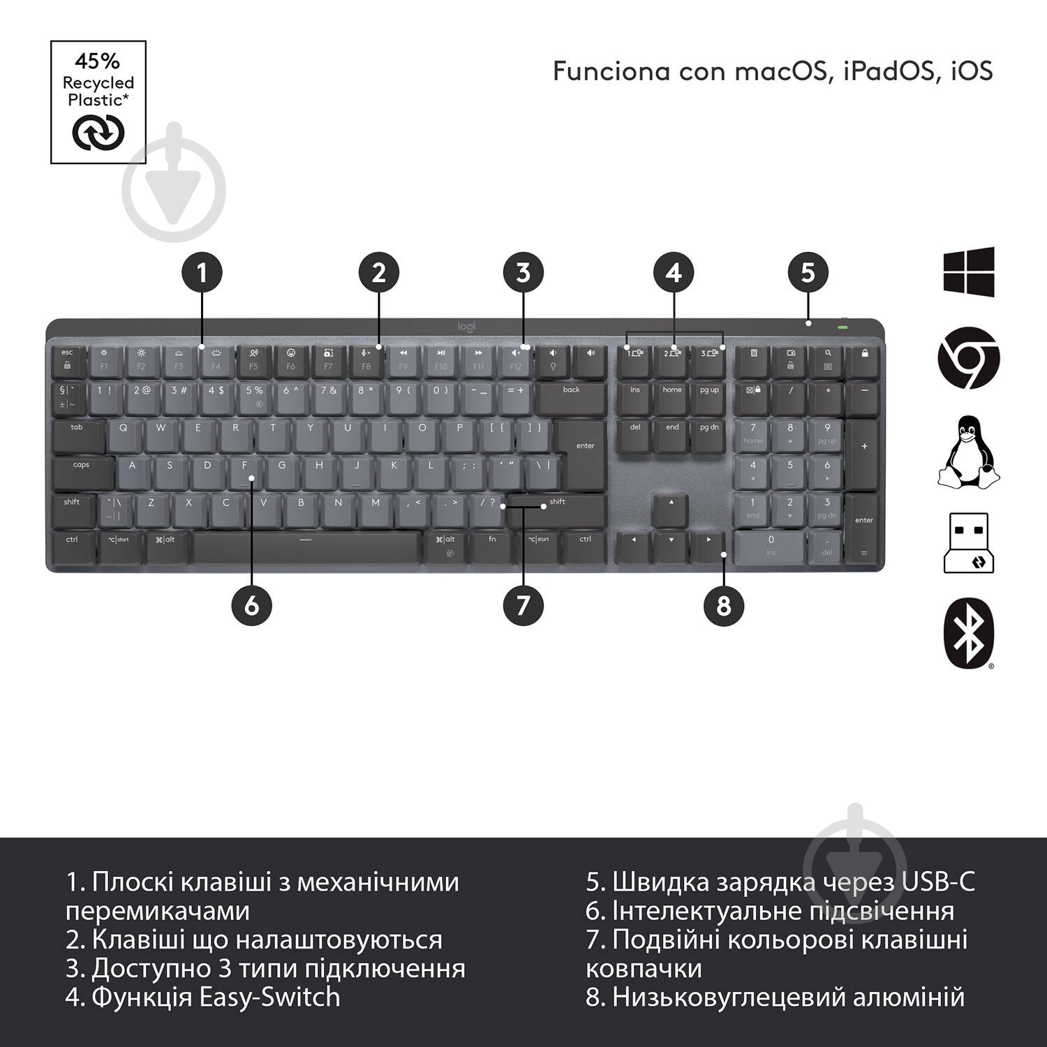 Клавиатура Logitech MX Mechanical Wireless Illuminated Performance Keyboard Clicky graphite (920-010759) - фото 6