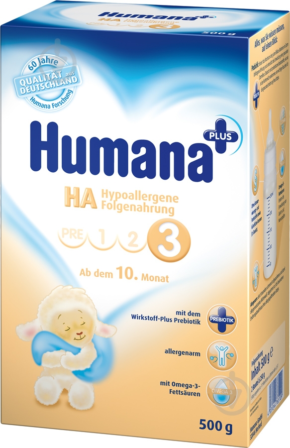 Суха молочна суміш Humana НА-3 Гіпоалергенне подальше харчування + пребіотик 500 г 4031244765109 - фото 1 Суха молочна суміш Humana НА-3 Гіпоалергенне подальше харчування + пребіотик 500 г 4031244765109 - фото 1