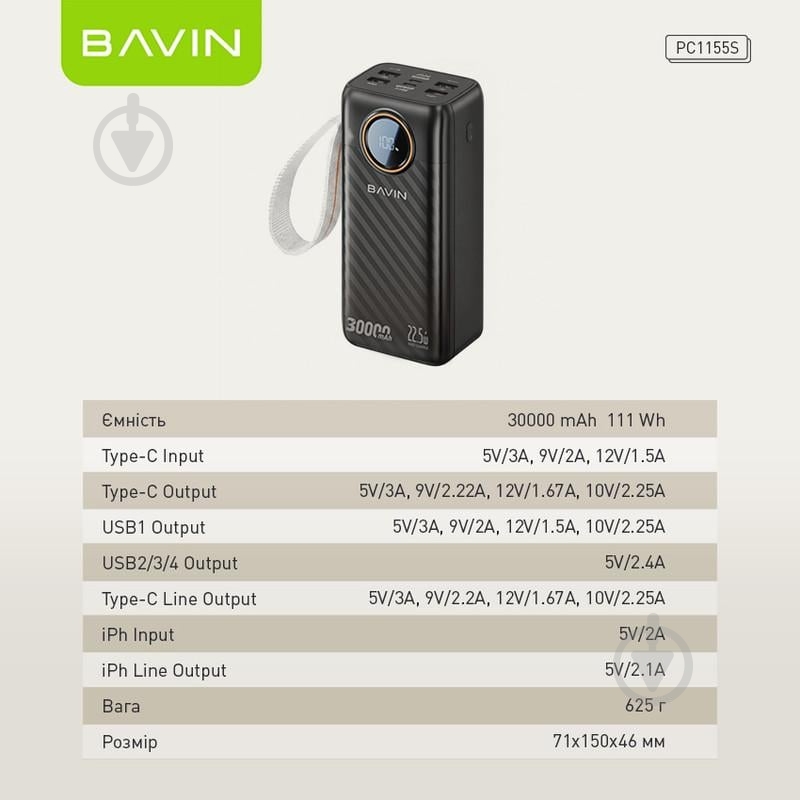 Повербанк BAVIN 30000 mAh black (Y-PC1155S-BK) - фото 4