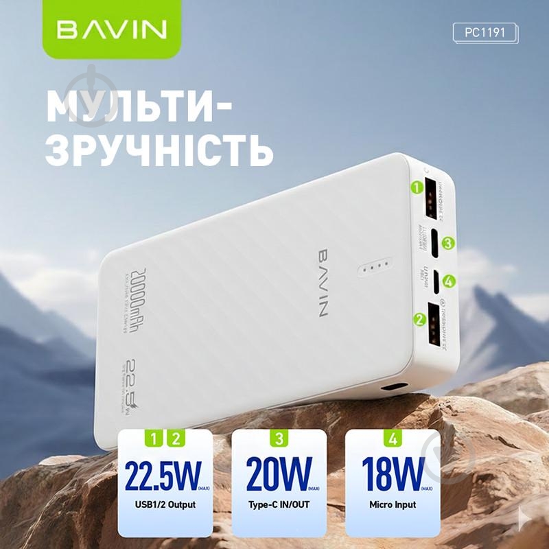 Повербанк BAVIN 20000 mAh white (Y-PC1191-WH) - фото 7