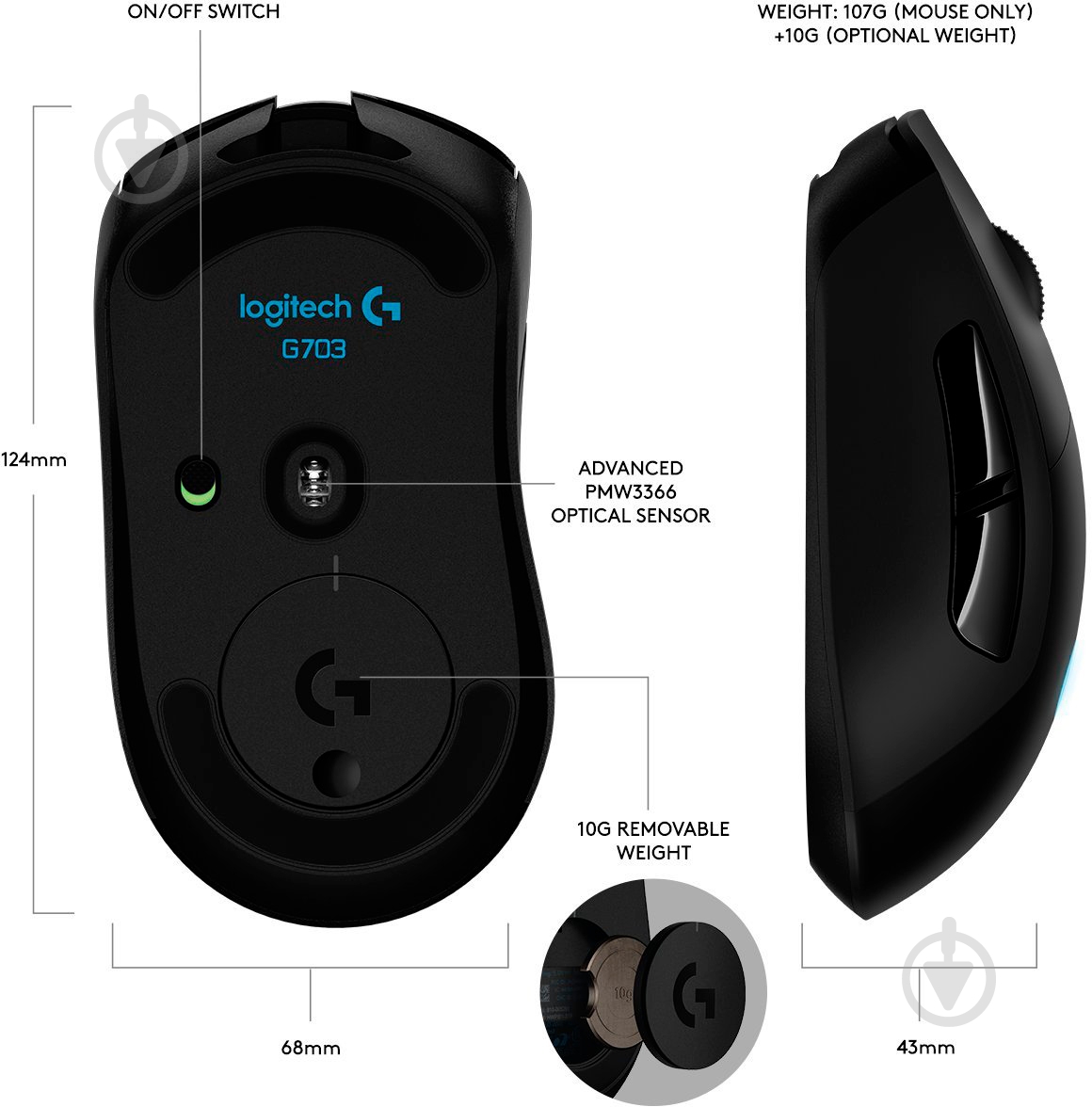 Мышь Logitech Gaming Mouse G703 Lightspeed 910-005093 black - фото 6