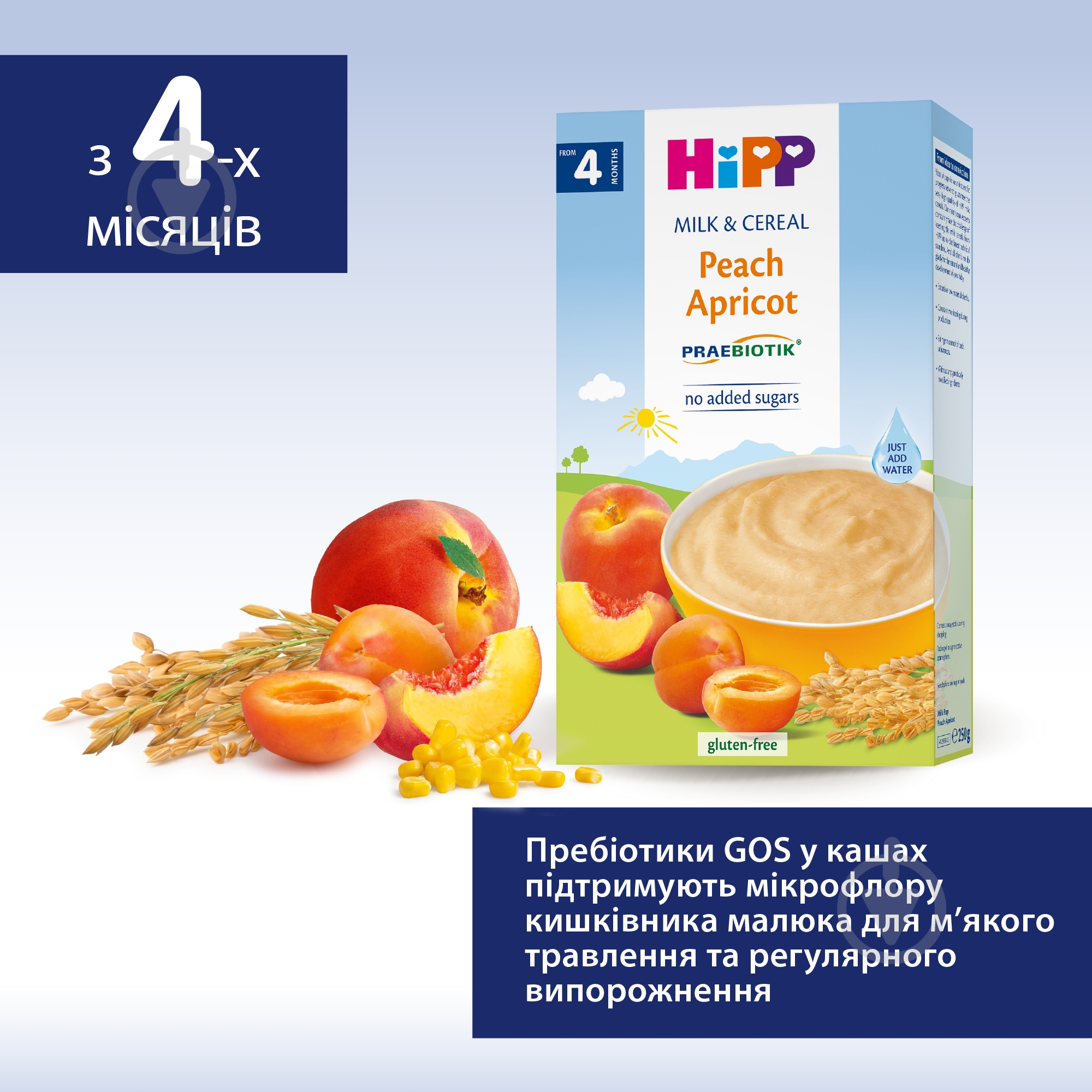 Каша молочна Hipp від 4 місяців рисово-кукурудзяна «Персики-Абрикоси» з пребіотиками 250 г — фото 4