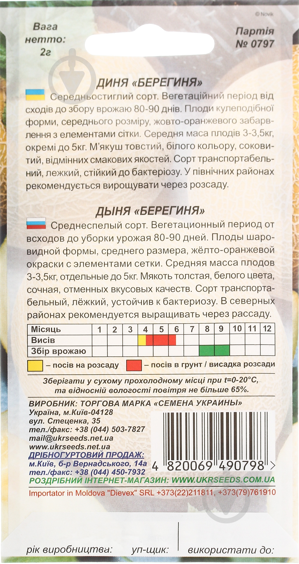 Семена дыня Берегиня 2 г Насіння України - фото 2