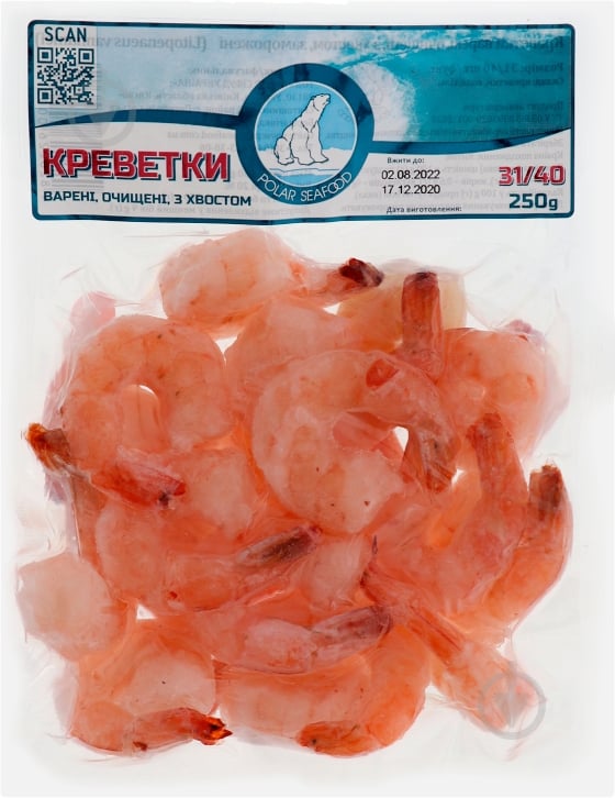 Креветки Polar Seafood заморожені варені очищені з хвостом 31/40 250 г 4820226000372 - фото 1 Креветки Polar Seafood заморожені варені очищені з хвостом 31/40 250 г 4820226000372 - фото 1