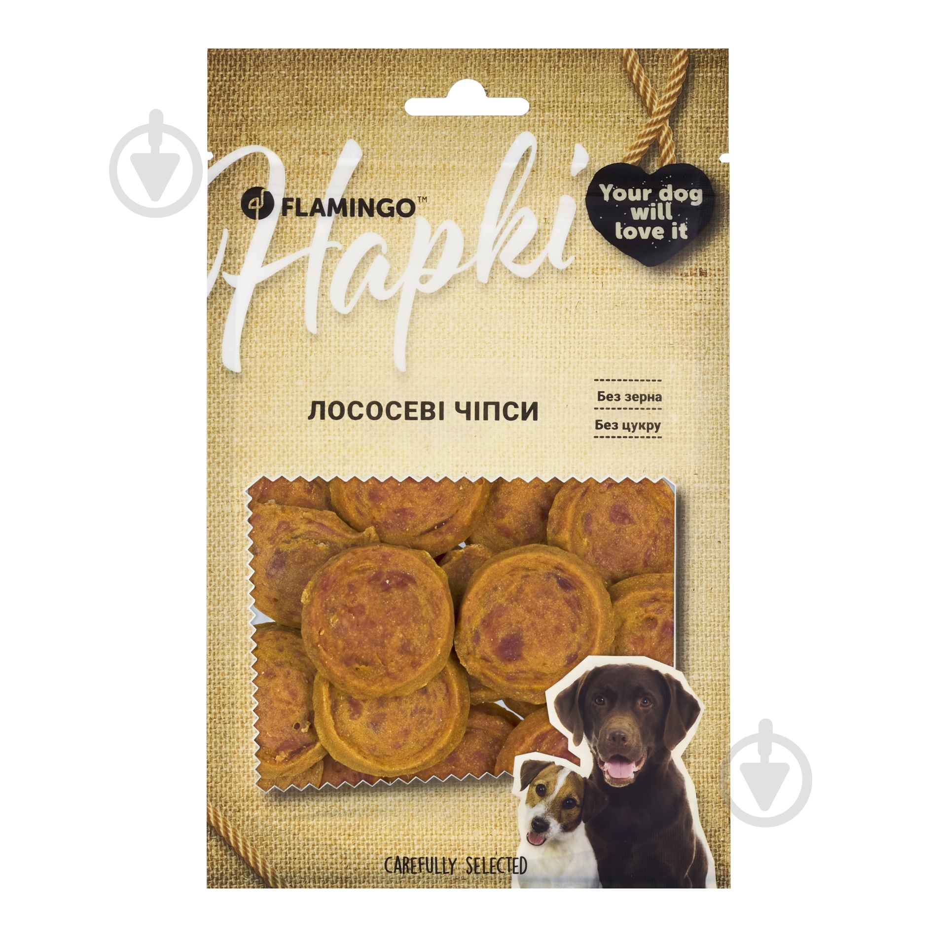 Ласощі Flamingo чипси з м'ясом лосося для собак 75 г - фото 1 Ласощі Flamingo чипси з м'ясом лосося для собак 75 г - фото 1