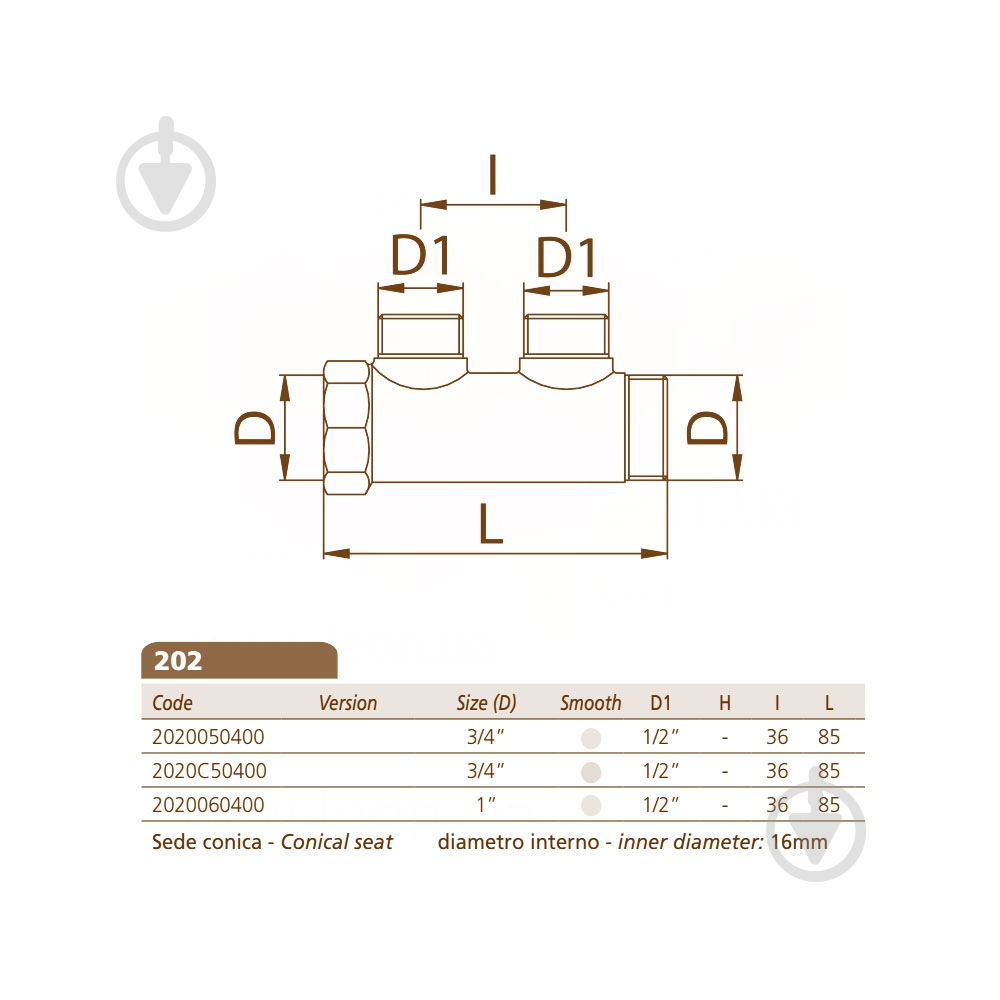 Коллектор Bianchi Ø3/4 х 2 х 1/2 ЗР латунь I=36 мм - фото 2
