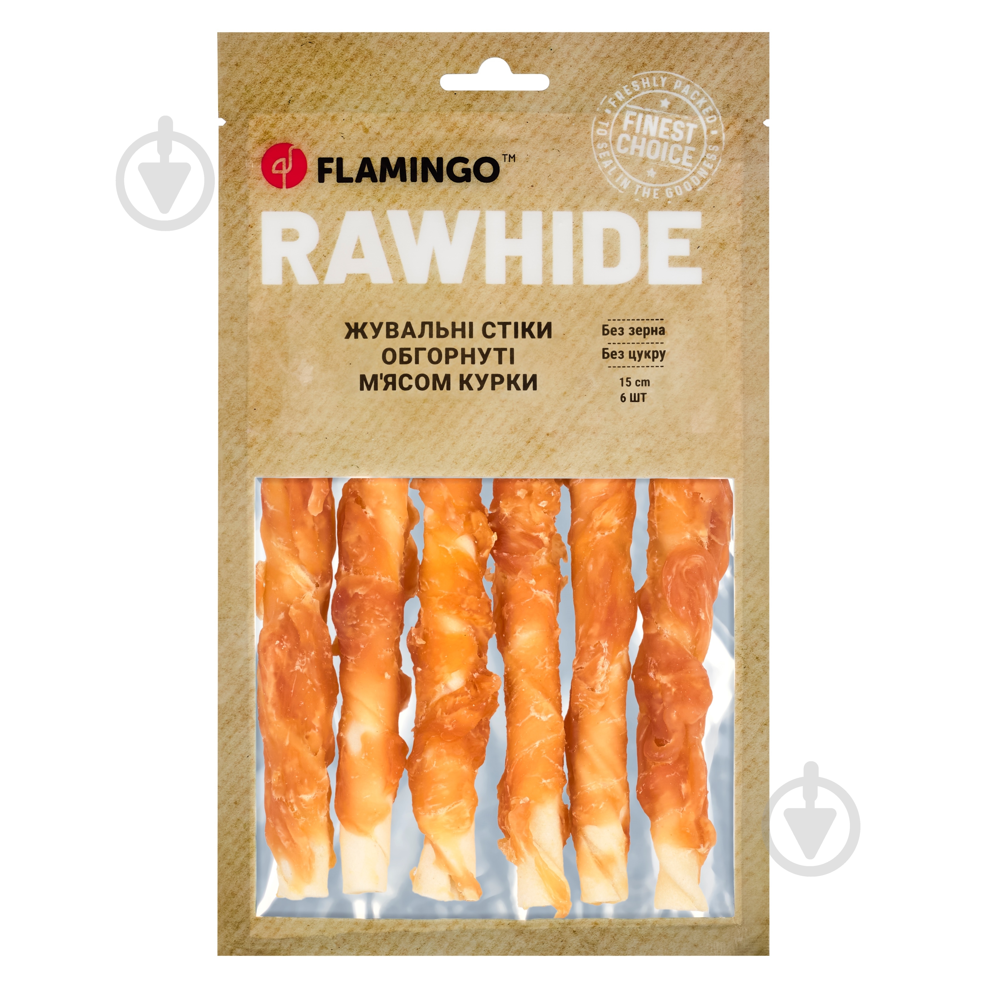 Ласощі Flamingo жувальні стіки обгорнуті м'ясом курки для собак 15 см 6 шт. - фото 1