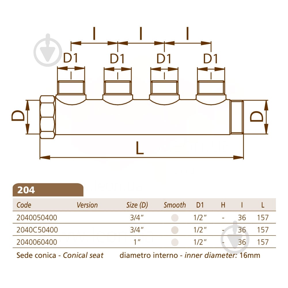 Колектор Bianchi Ø1 х 4 х 1/2 ЗР латунь I=36 мм - фото 2 Колектор Bianchi Ø1 х 4 х 1/2 ЗР латунь I=36 мм - фото 2