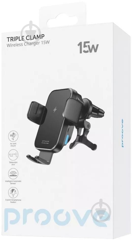Держатель для мобильного телефона с беспроводным ЗП Triple Clamp 15W black Proove черный - фото 3