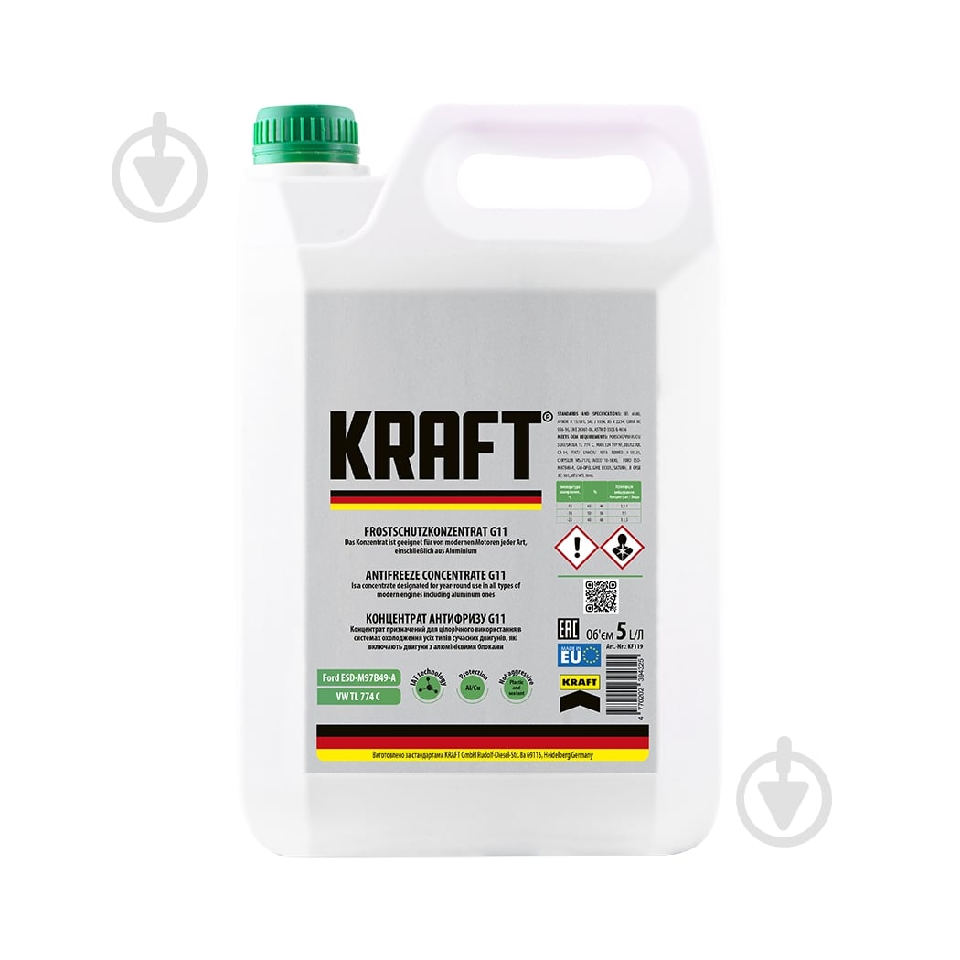 Антифриз Kraft концентрат G11 G11 концентрат 5 л зеленый (KF119) - фото 1