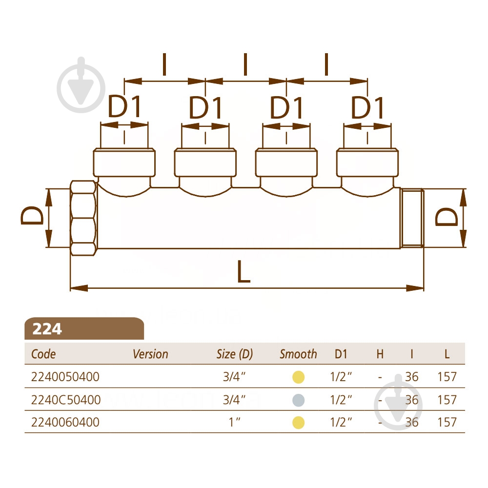 Колектор Bianchi Ø1 х 4 х 1/2 ВР латунь I=36 мм - фото 2 Колектор Bianchi Ø1 х 4 х 1/2 ВР латунь I=36 мм - фото 2