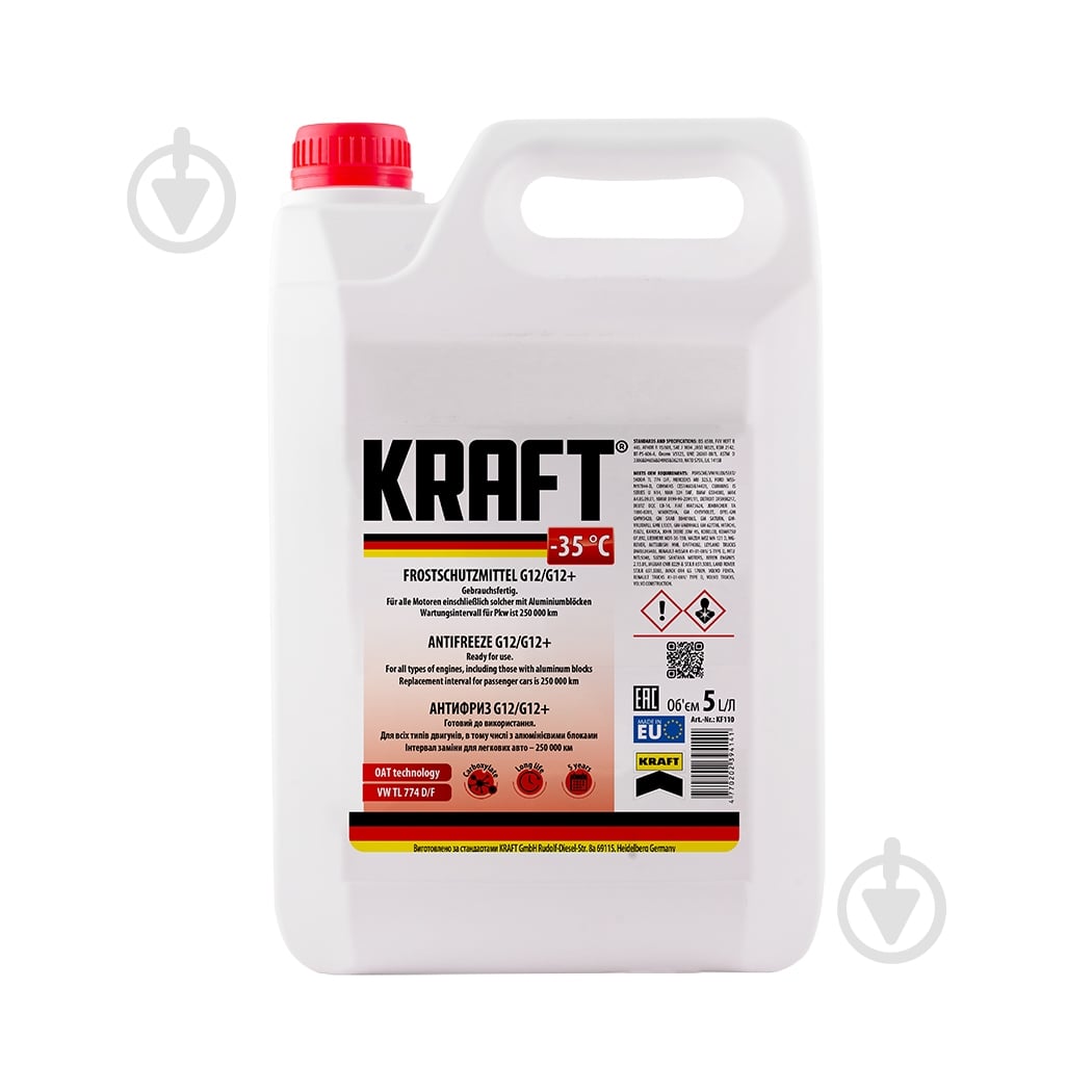 Антифриз Kraft G12/G12+ -35° G12/12+ готовый 5 л красный (KF110) - фото 1 Антифриз Kraft G12/G12+ -35° G12/12+ готовый 5 л красный (KF110) - фото 1