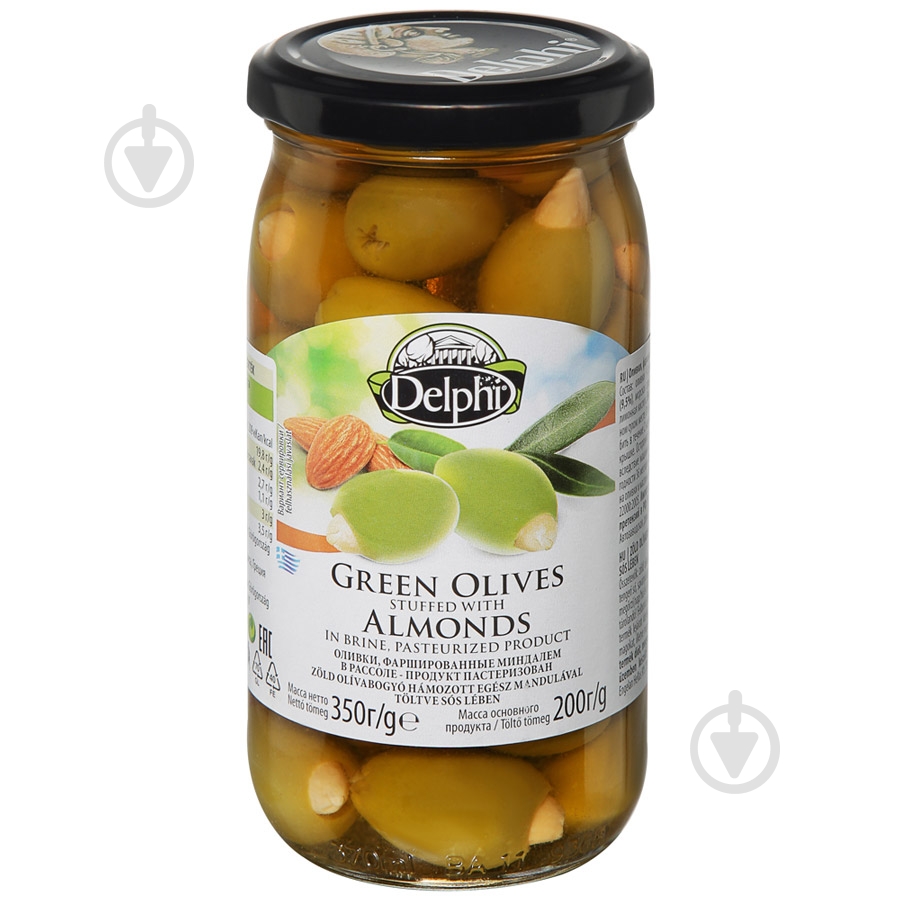 Оливки DELPHI зеоленые без косточки с миндалем 350г стекло - фото 1 Оливки DELPHI зеоленые без косточки с миндалем 350г стекло - фото 1