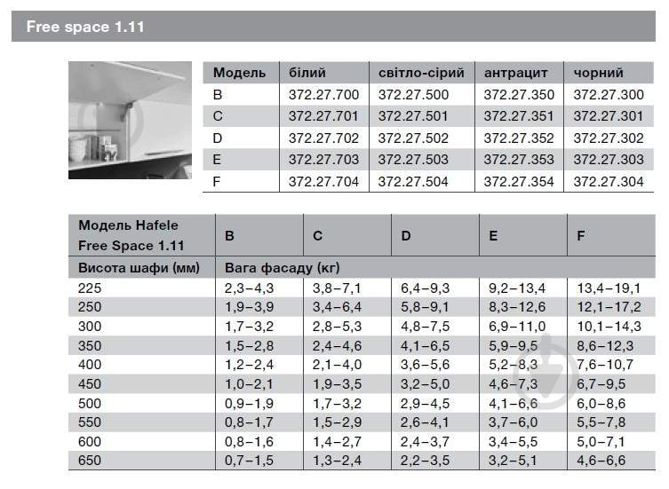 Подъемный механизм фасада Hafele Free Space 1.11 F механический с доводчиком - фото 2
