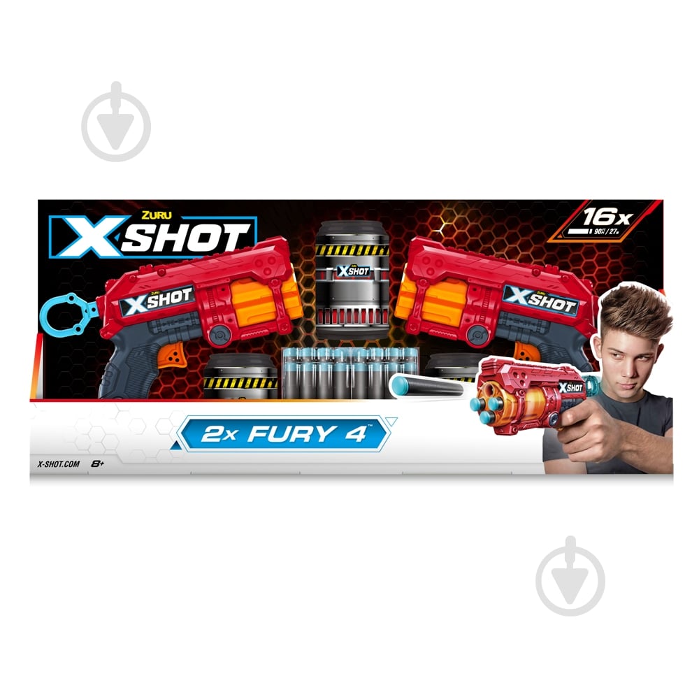 Бластер Zuru X-Shot Red EXCEL FURY 4 2 PK (3 банки, 16 патронов) 36329R - фото 1