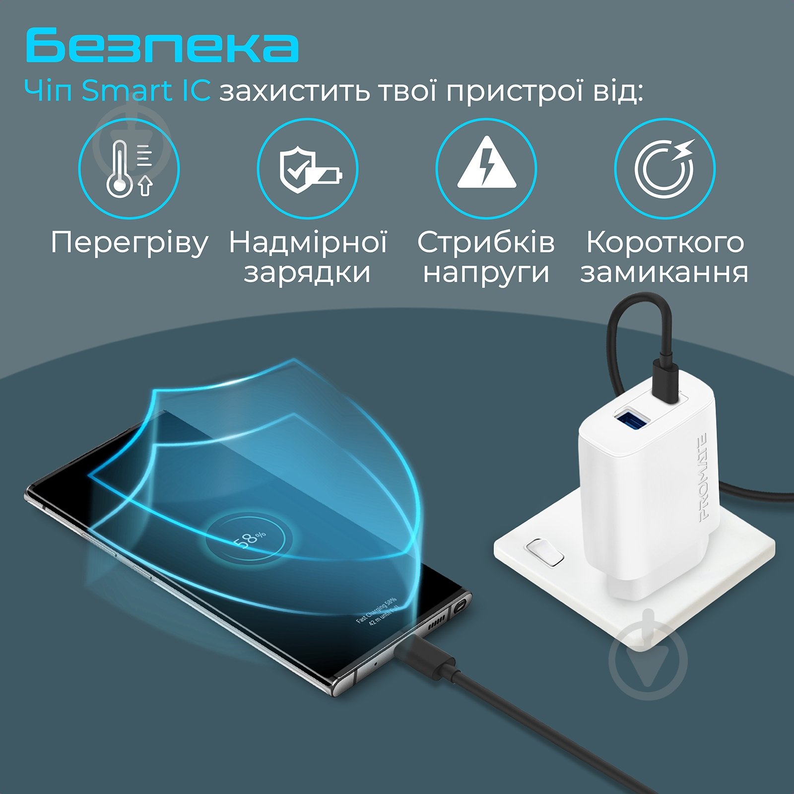 Мережевий зарядний пристрій Promate BiPlug-2 17Вт USB-C+USB-A - фото 4