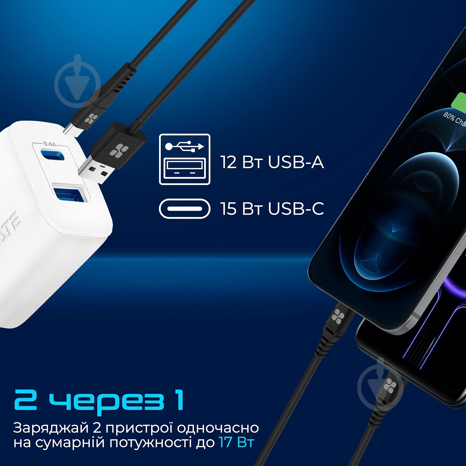 Мережевий зарядний пристрій Promate BiPlug-2 17Вт USB-C+USB-A - фото 2