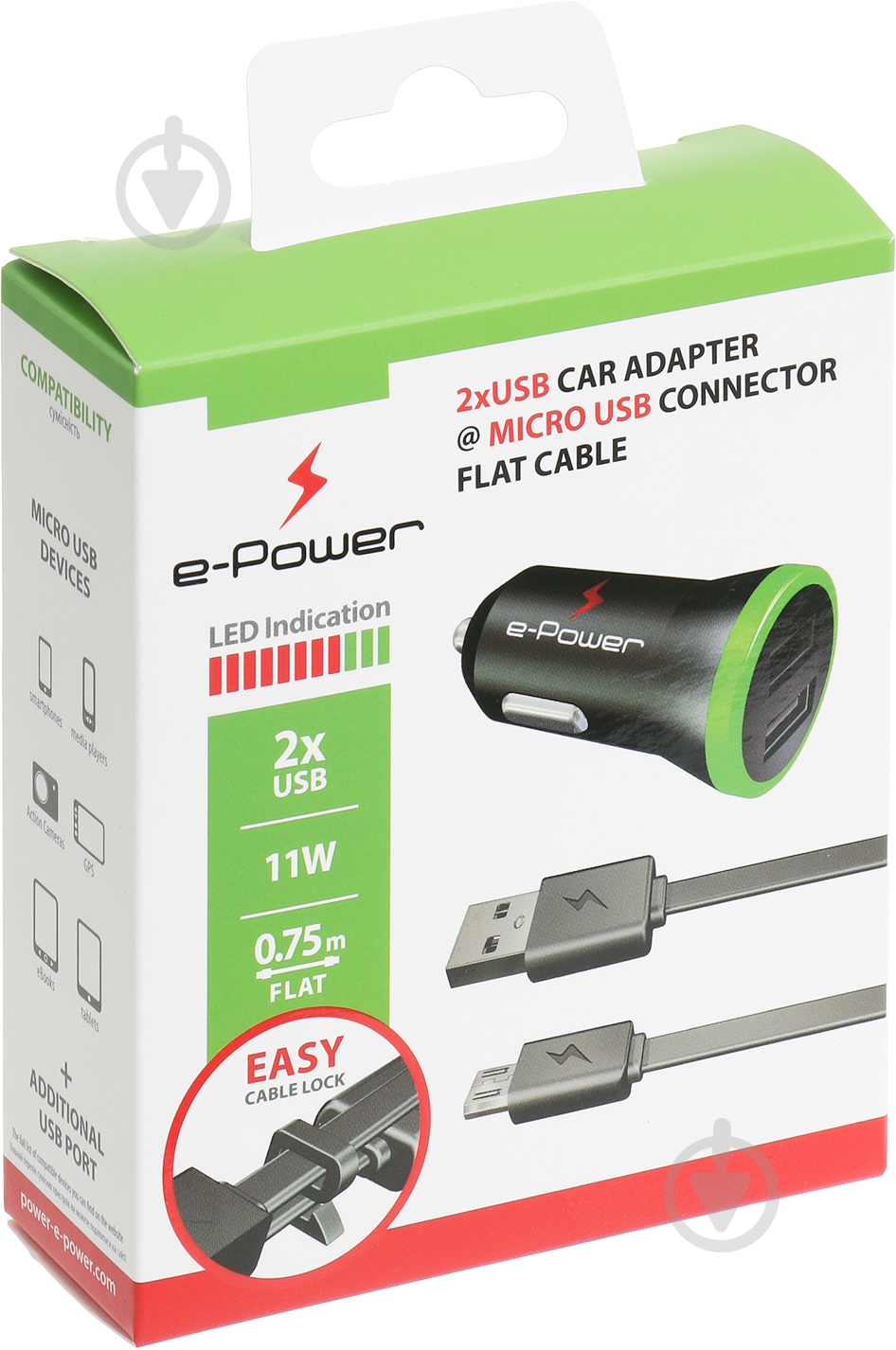 Автомобильное зарядное устройство E-Power MicroUSB 2USB 2.1 A - фото 3