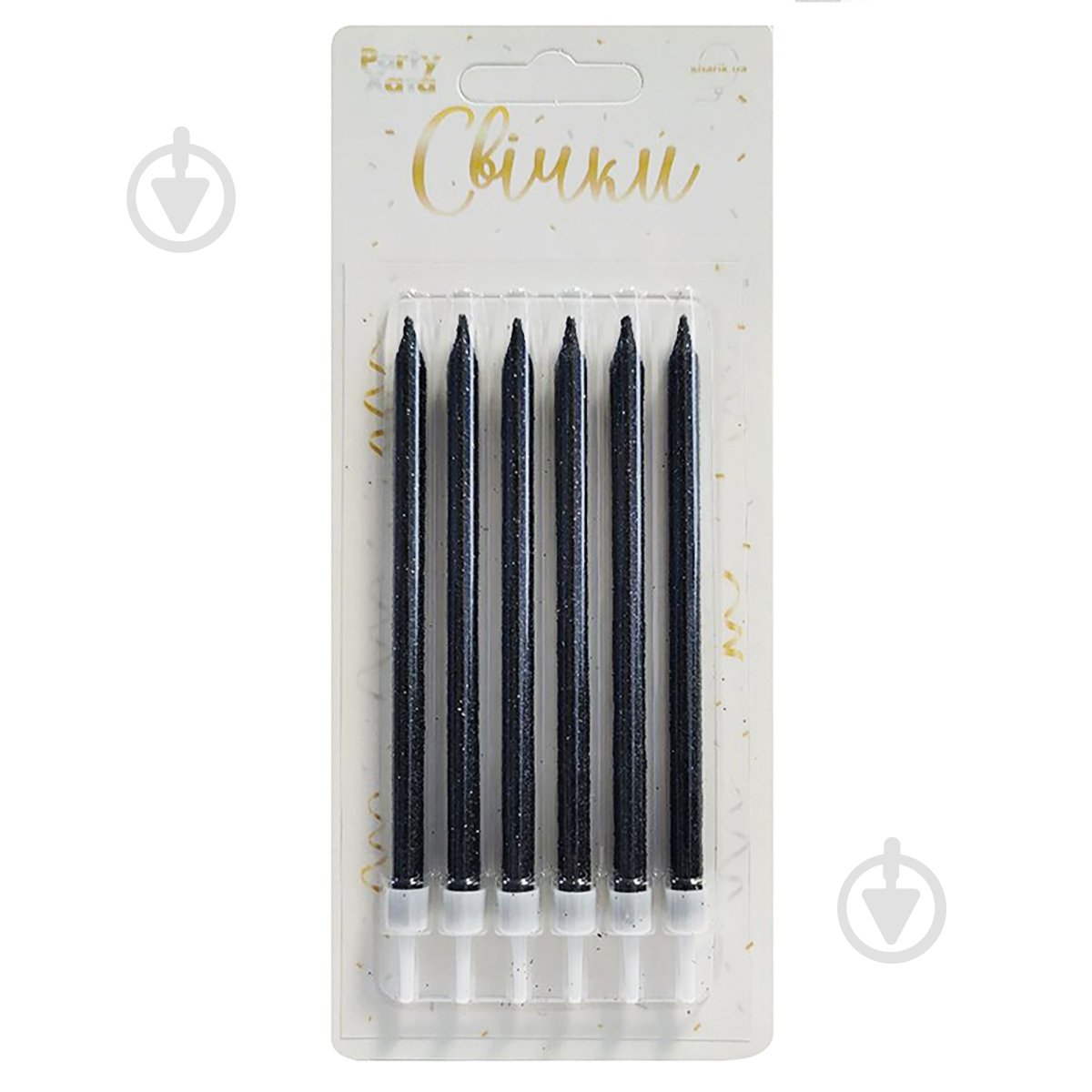 Свічка для торта з підставками 12 см глітер чорний Party Хата 6 шт. - фото 1 Свічка для торта з підставками 12 см глітер чорний Party Хата 6 шт. - фото 1