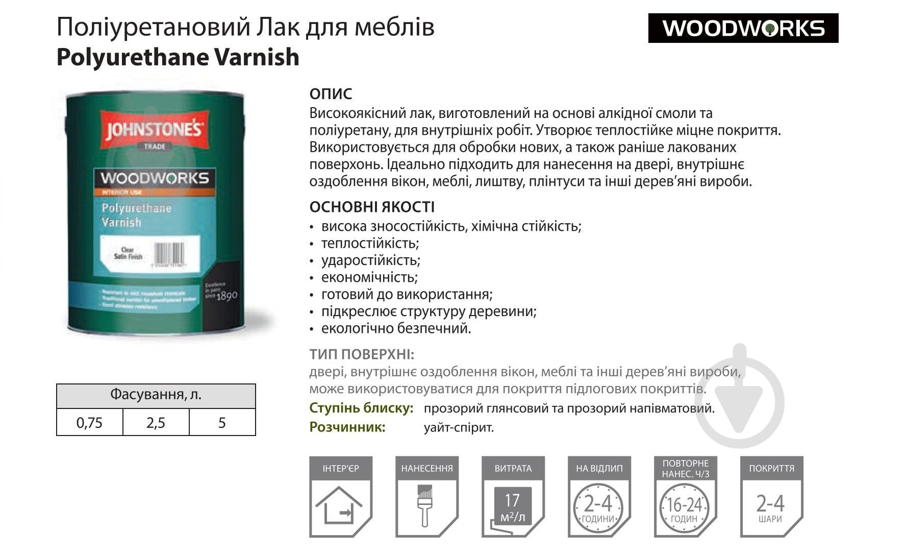 Лак меблевий Polyurethane Varnish Johnstone's напівмат 0,75 л - фото 2
