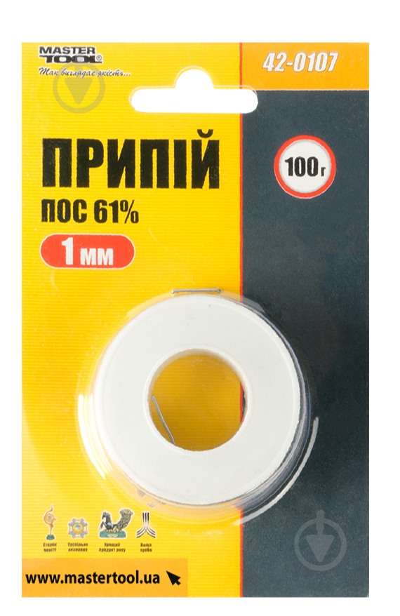 Припой MasterTool ПОС 61% 1 мм 100 г катушка 42-0107 - фото 1