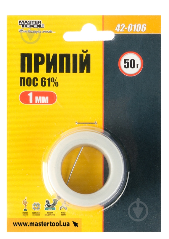Припой MasterTool ПОС 61% 1 мм 50 г катушка 42-0106 - фото 1