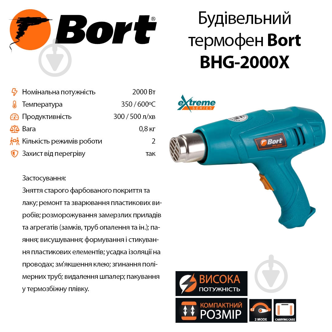 Фен строительный Bort BHG-2000X - фото 7 Фен строительный Bort BHG-2000X - фото 7