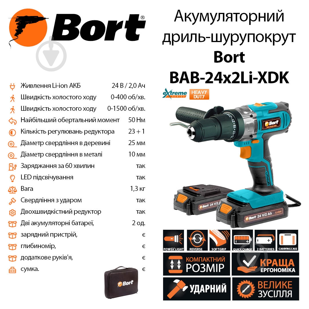 Шуруповерт аккумуляторный Bort BAB-24х2Li-XDK - фото 2 Шуруповерт аккумуляторный Bort BAB-24х2Li-XDK - фото 2