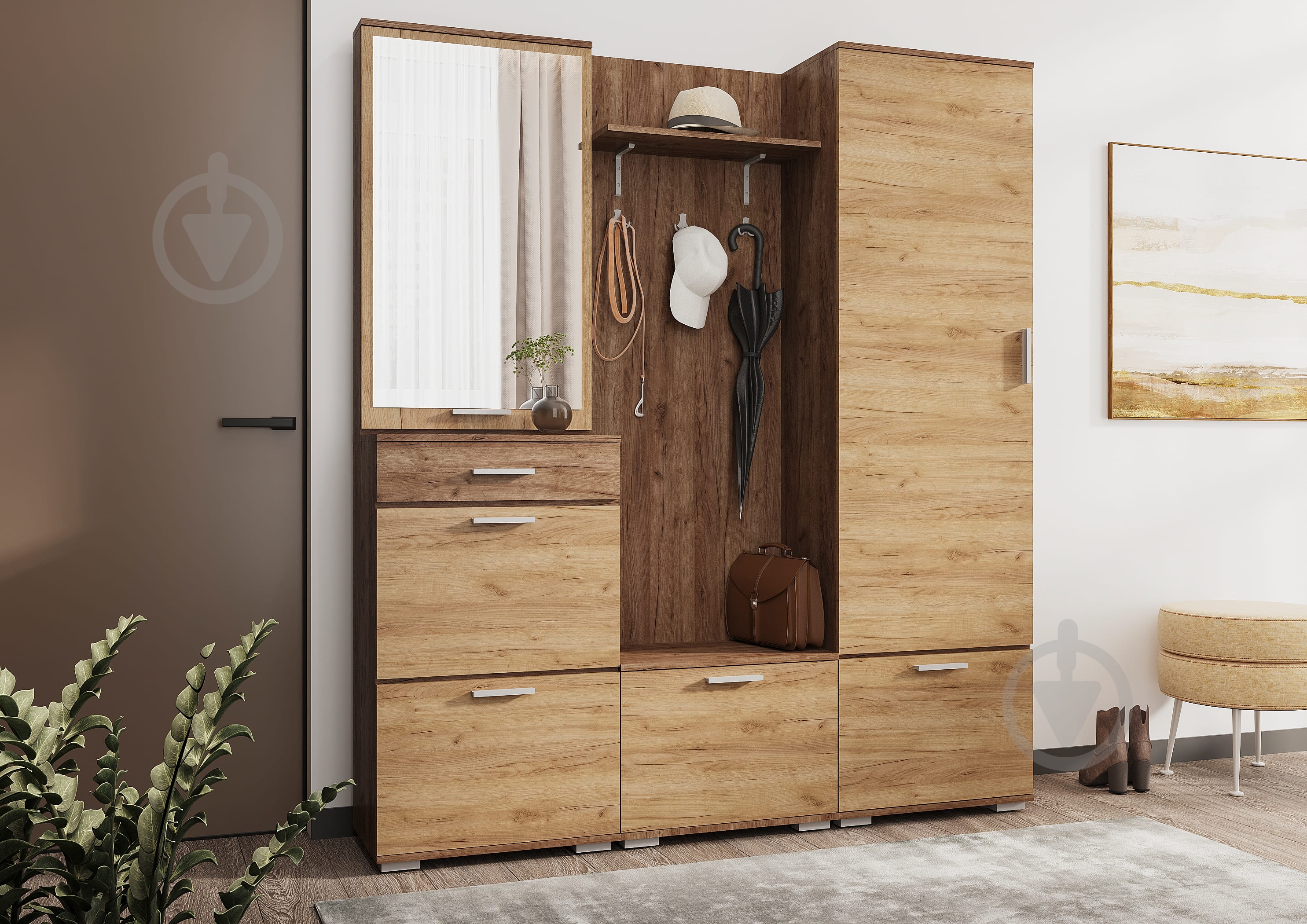 Тумба напольная SOKME + вешалка Вива 600x2060x370 мм дуб крафт табако//дуб крафт золотой - фото 3