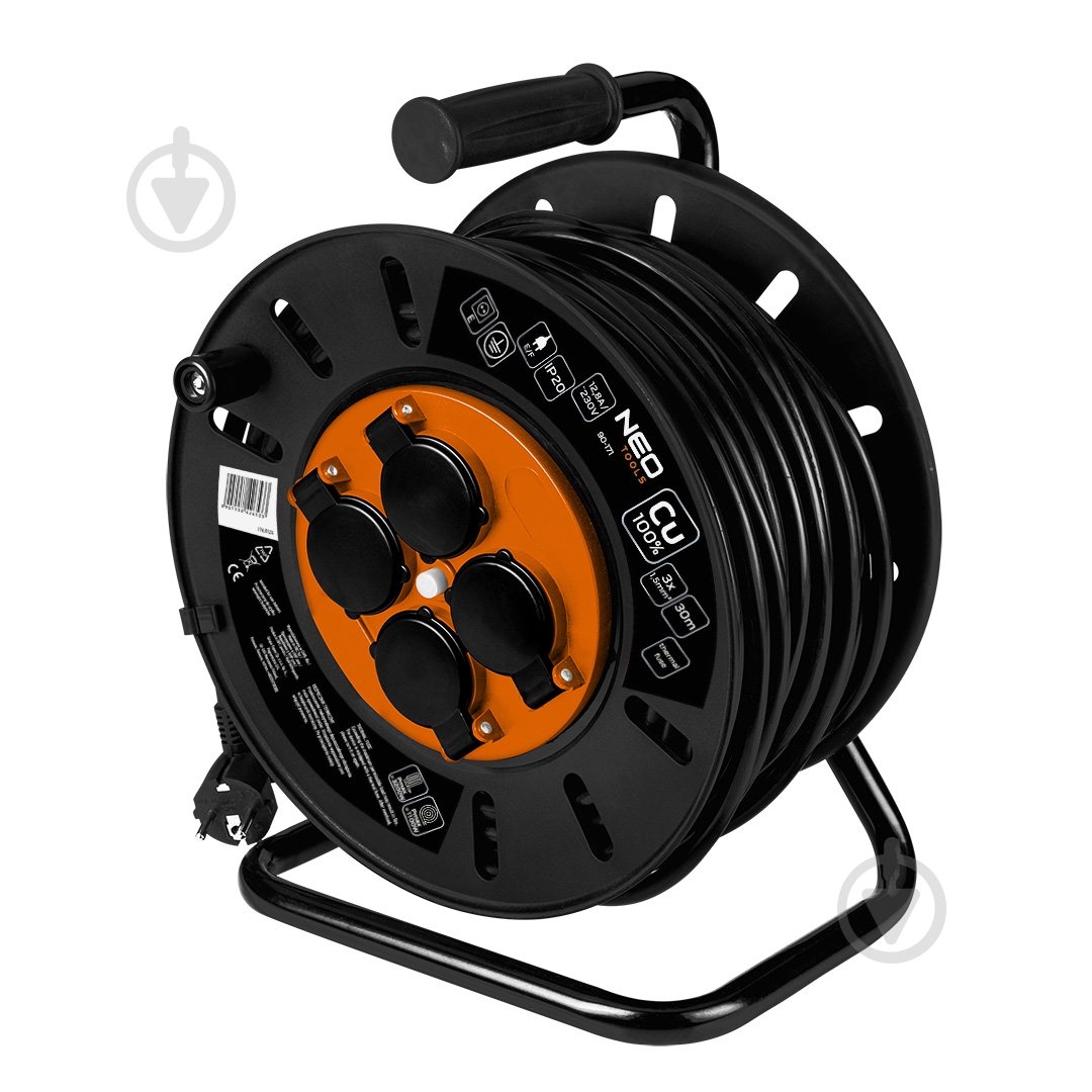 Подовжувач на котушці NEO tools із заземленням 4 гн. чорний 30 м 90-171 - фото 1