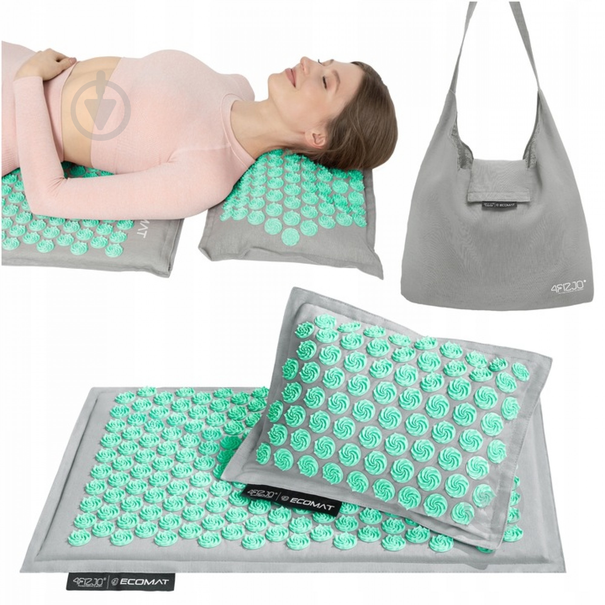 Коврик акупунктурный 4fizjo с подушкой Eco Mat Аппликатор Кузнецова 4FJ0230 Grey/Mint (P-5907739312181) - фото 1