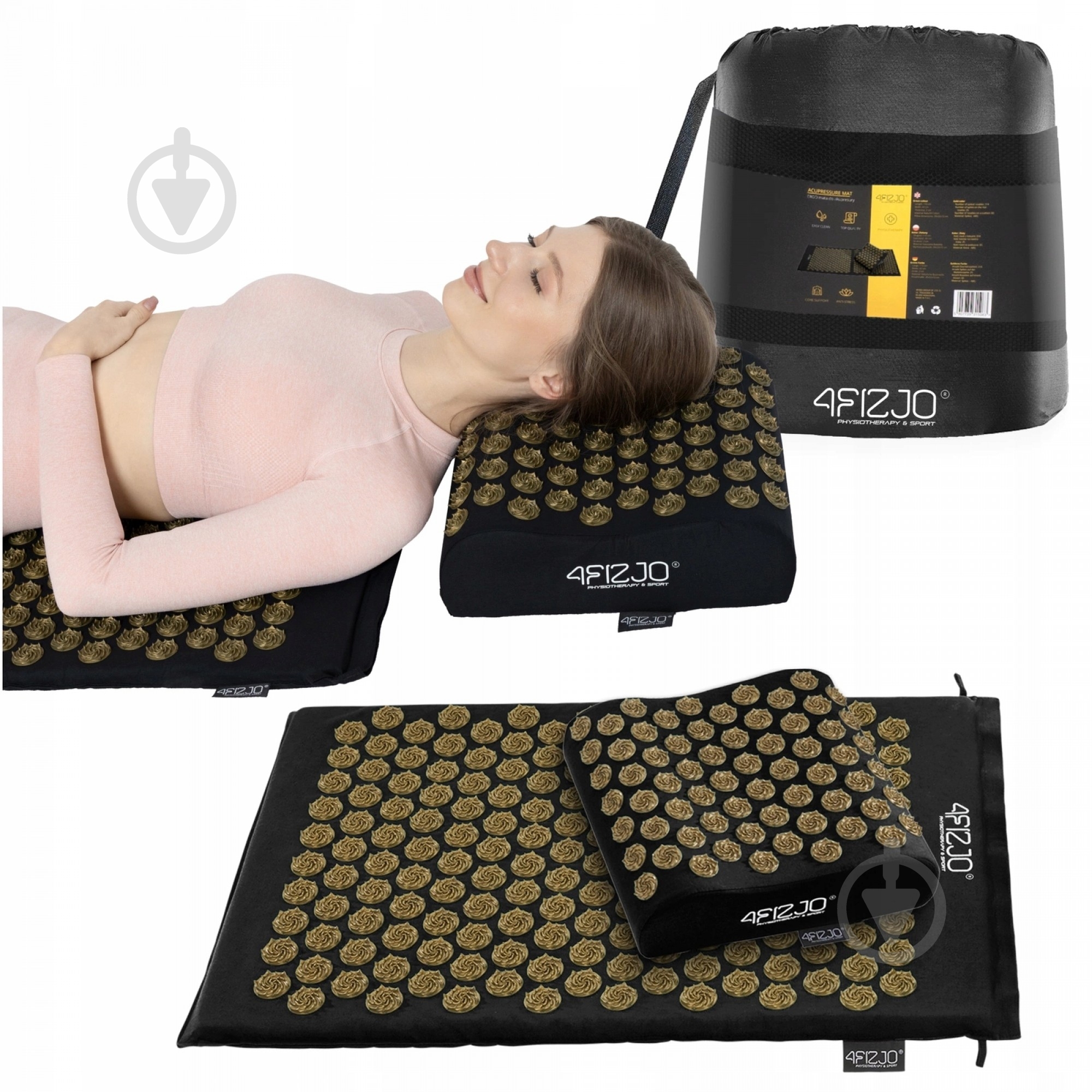 Коврик акупунктурный 4fizjo с подушкой Ergo Mat Аппликатор Кузнецова 4FJ0381 Black/Gold (P-5907739313881) - фото 1