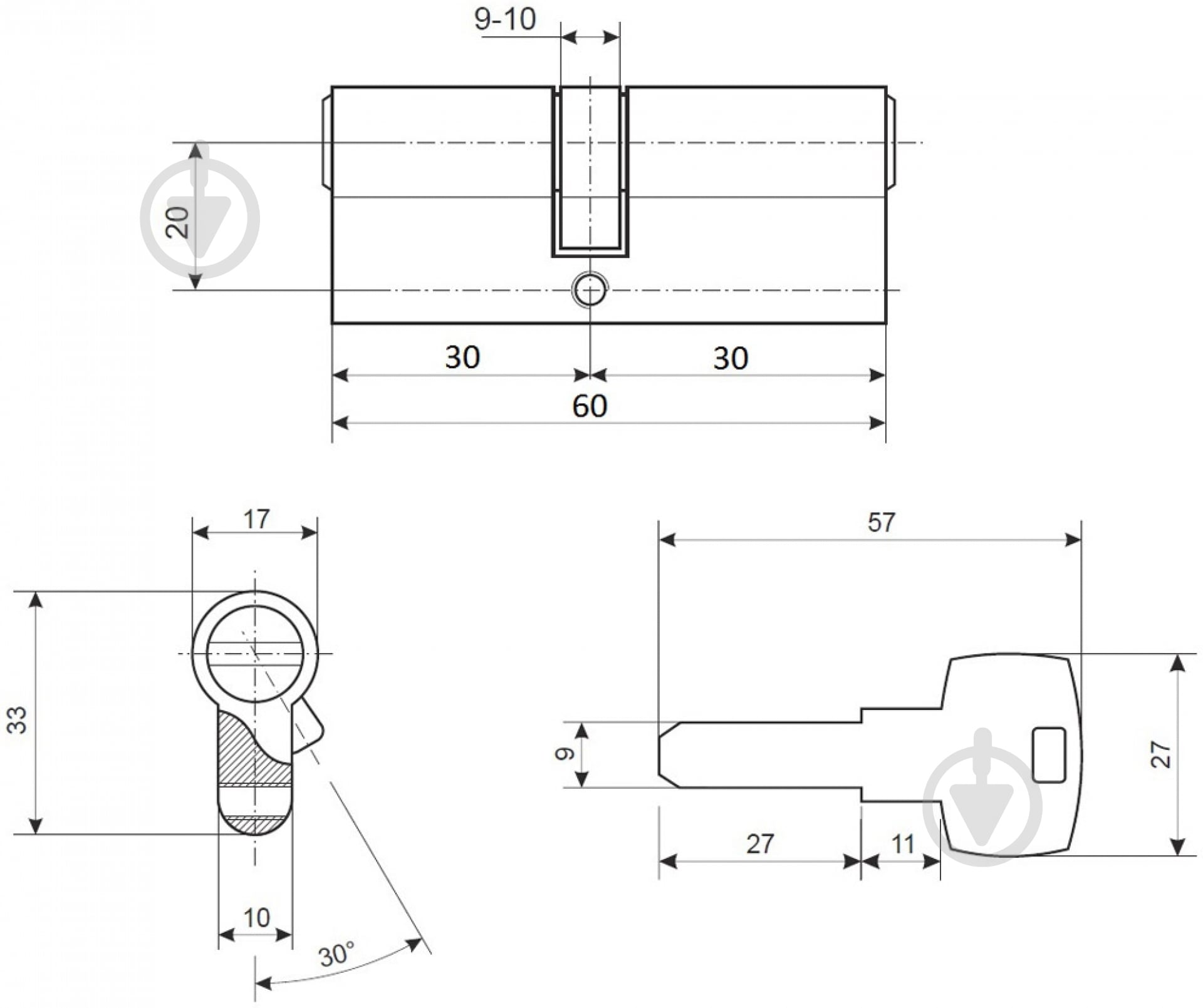 Цилиндр Apecs EM-60-NI (CIS) 30x30 ключ-ключ 60 мм хром - фото 4