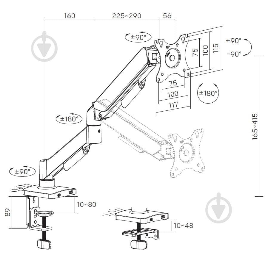 Кріплення для монітора OfficePro настільне MA431B 17-32" 2-9kg Black поворотно-похилі 17"-32" чорний - фото 5 Кріплення для монітора OfficePro настільне MA431B 17-32" 2-9kg Black поворотно-похилі 17"-32" чорний - фото 5