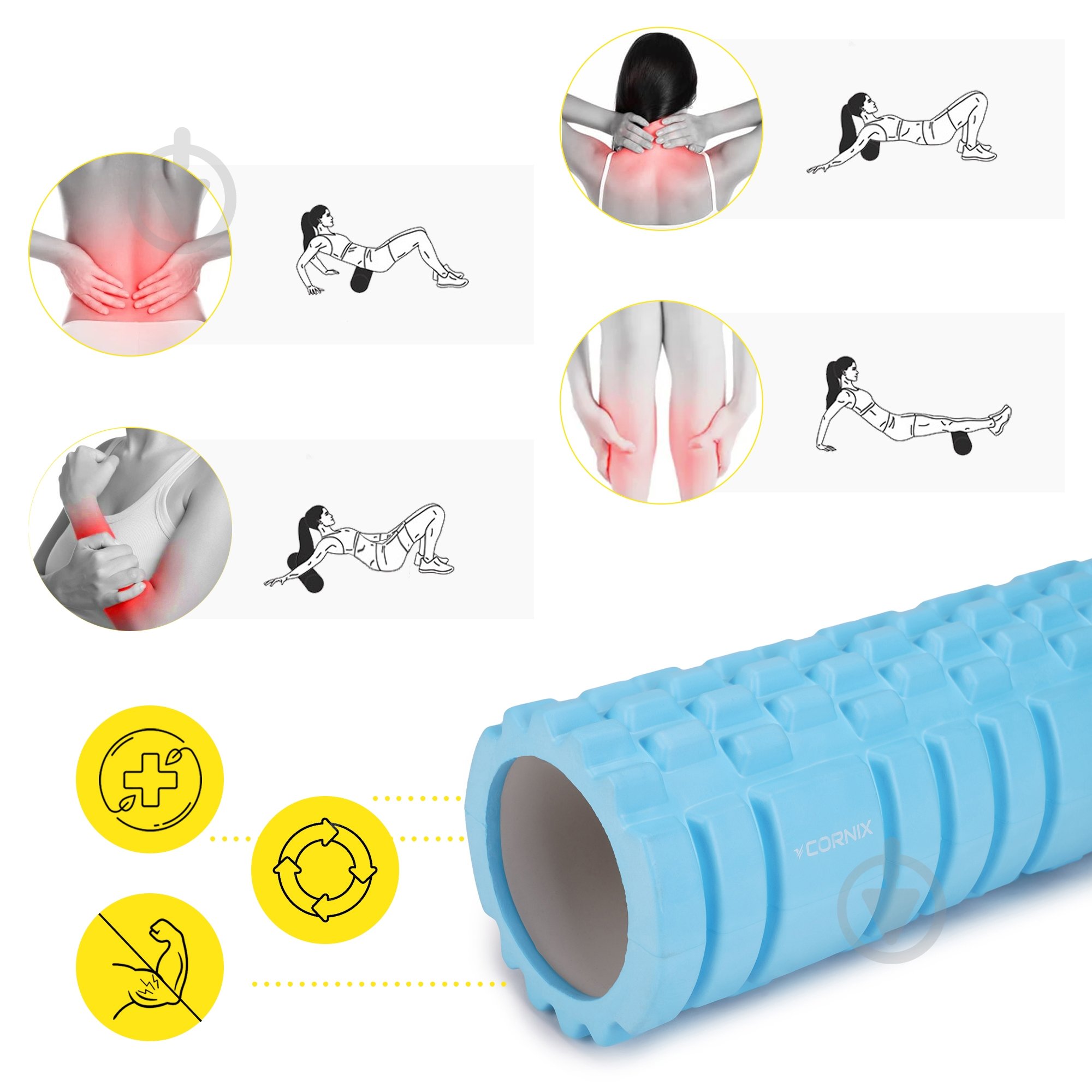 Валик массажный Cornix EVA 33 x 14 см (валик, роллер) XR-0030 Sky Blue - фото 7 Валик массажный Cornix EVA 33 x 14 см (валик, роллер) XR-0030 Sky Blue - фото 7