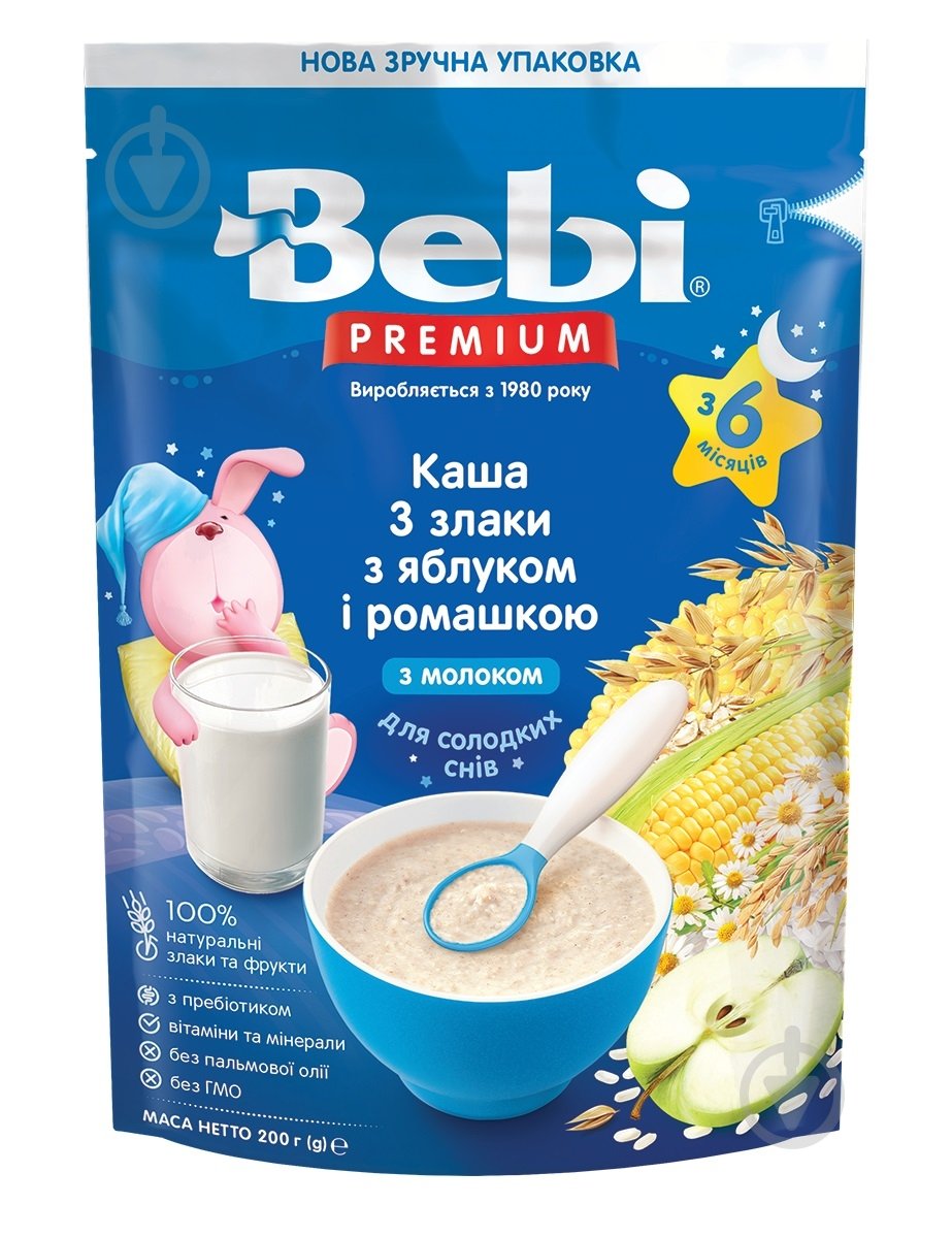 Каша молочная Bebi от 6 месяцев Premium 3 злака с яблоком и ромашкой 200 г - фото 1