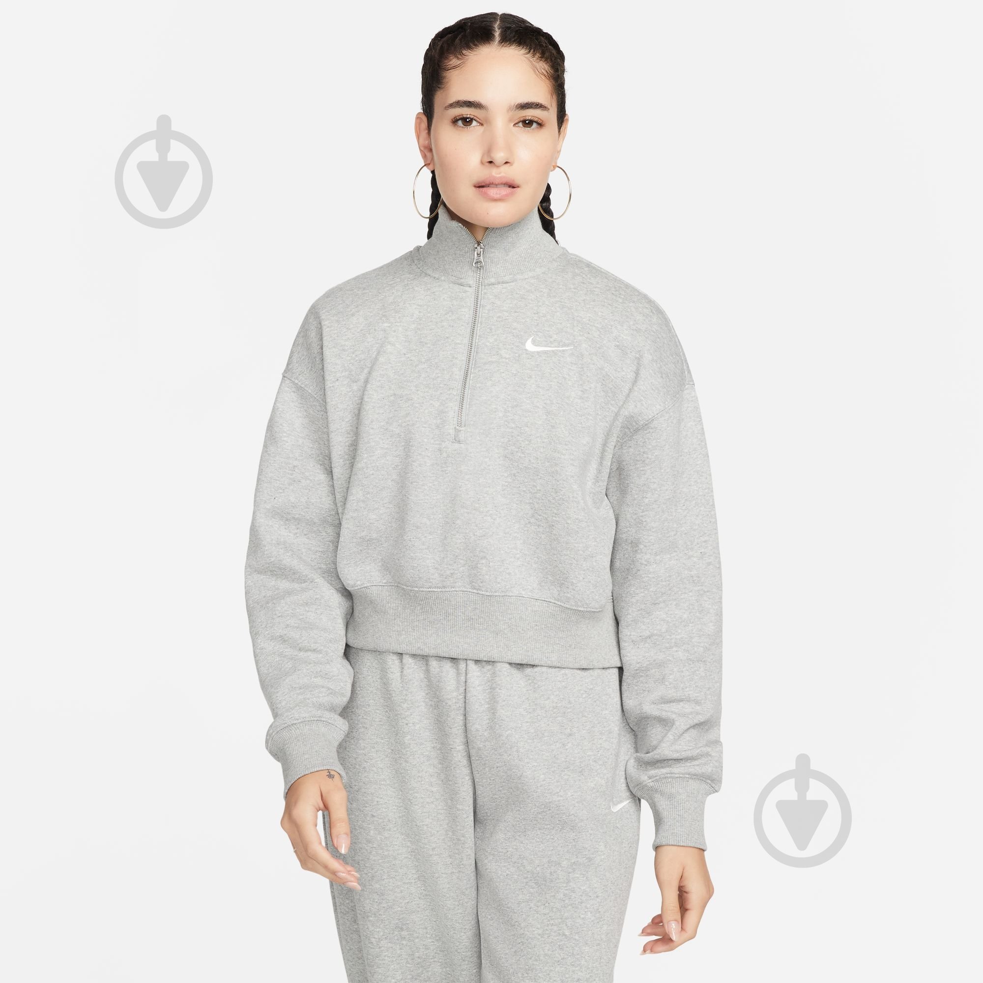 Джемпер Nike W NSW PHNX FLC QZ CROP DQ5767-063 р.S сірий - фото 1 Джемпер Nike W NSW PHNX FLC QZ CROP DQ5767-063 р.S сірий - фото 1