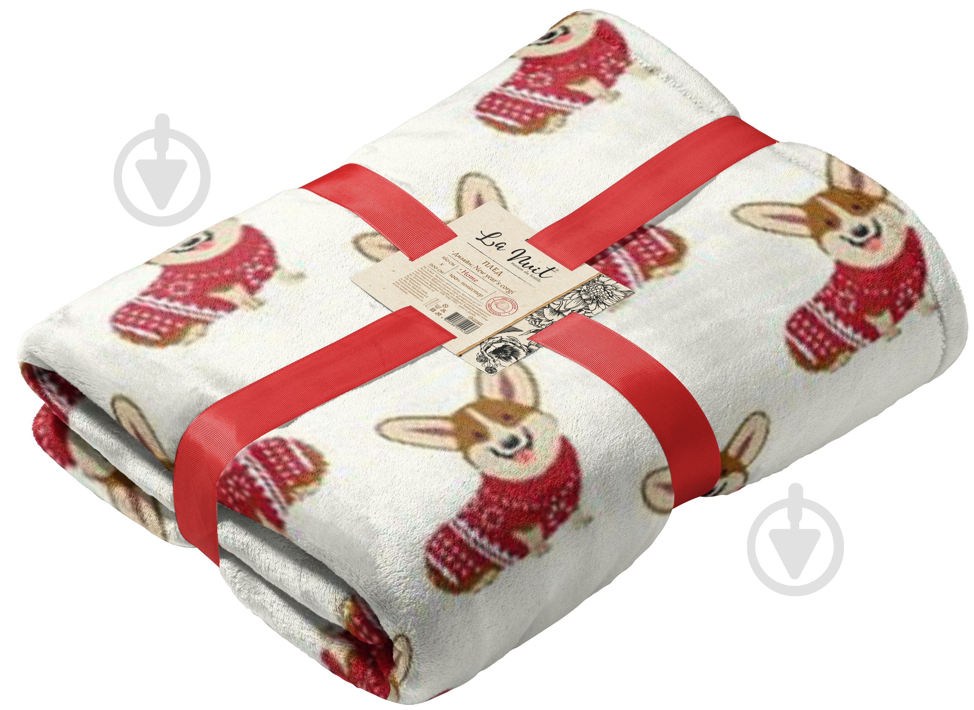Плед флісовий New Year's Corgi 200x220 см бежевий із червоним La Nuit - фото 1 Плед флісовий New Year's Corgi 200x220 см бежевий із червоним La Nuit - фото 1