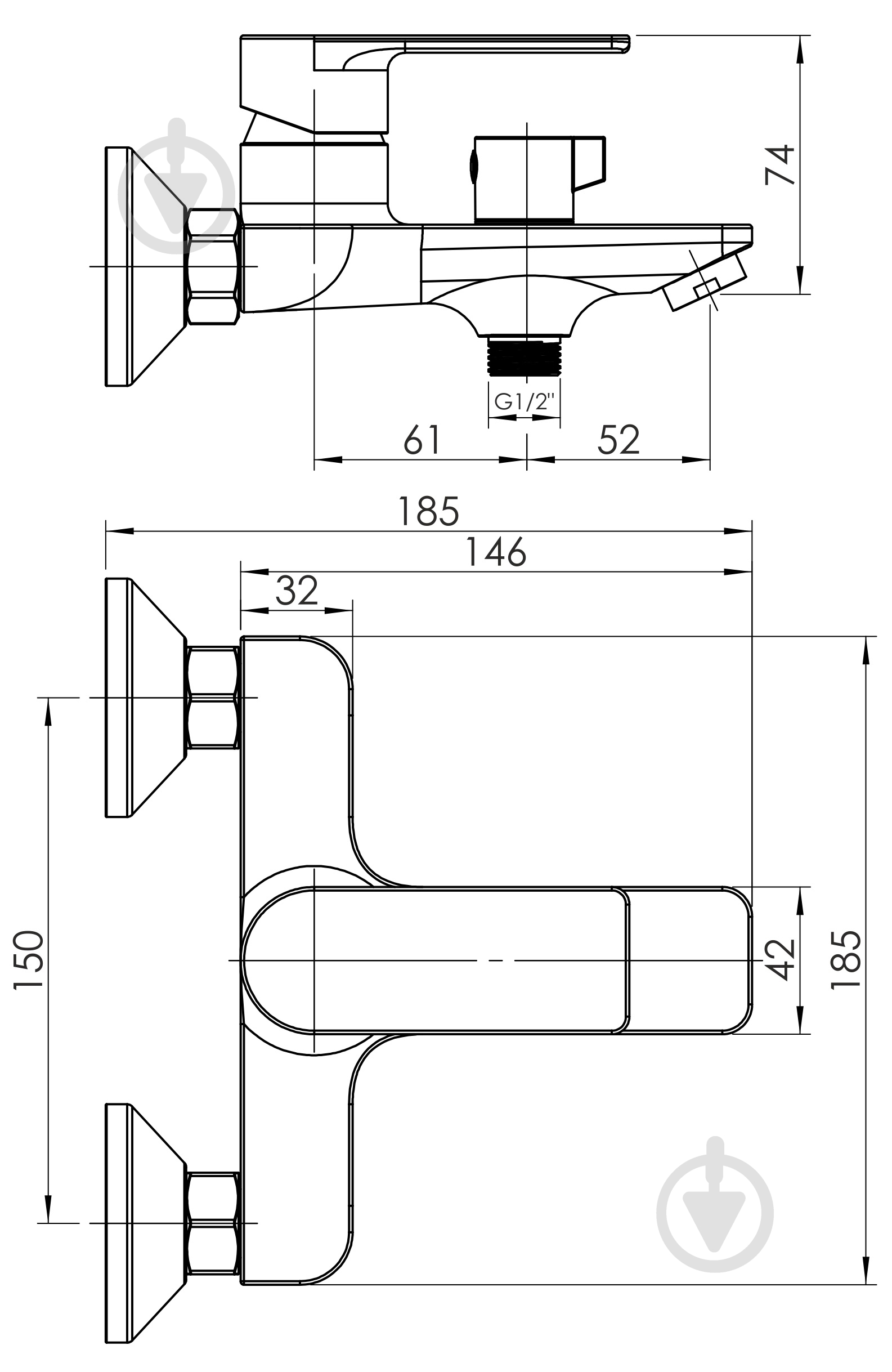 Змішувач для ванни RJ ARA, з душовим гарнітуром, хром - фото 2